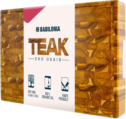 Teak Cutting Board Large (ExtraThick 1.7"). Premium Quality Butcher Block, Charcuterie Board. Heavy Duty End Grain Wood Chopping Board 19.7"L x 12.2"W with Handle (Oil bottle & Plate included)