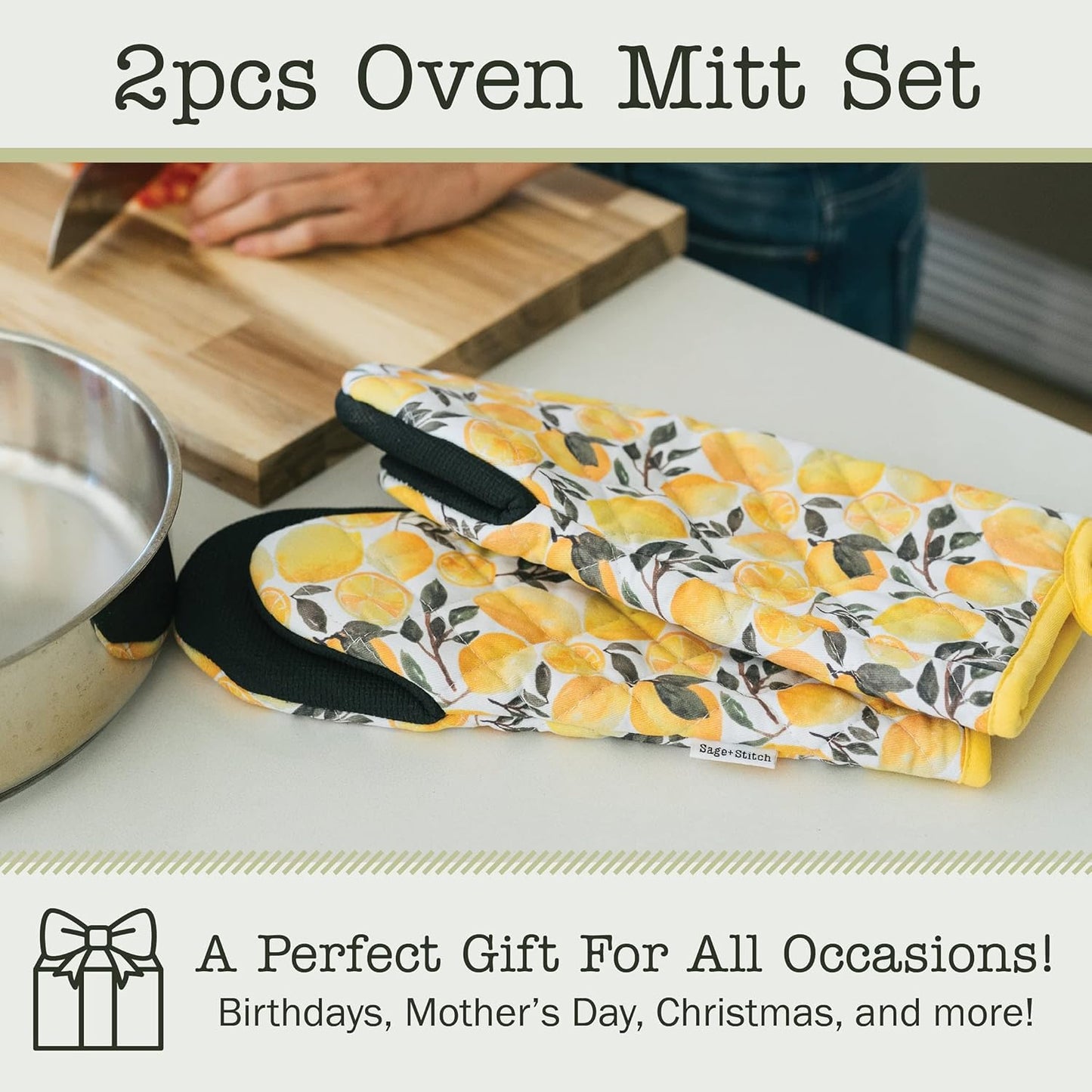 Heat Resistant Designer Kitchen Oven Mitts with Neoprene Non-Slip Grips and Hanging Loops | Set of 2 100% Cotton Long Sleeve Kitchen Oven Mitts | 5.5" x 12" | Yellow Lemons