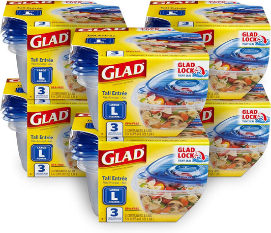 Glad GladWare Tall Entree Food Storage Containers - Large Square - Meal Container Holds up to 42 Ounces of Food - Lock Tight Seal, 3 Count - 6 Pack