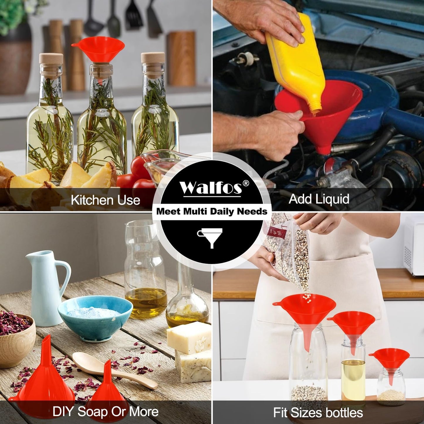 walfos 4pcs Kitchen Plastic Funnel (NO BPA),Automotive Funnel for Liquid Transfer,funnels for Filling Bottles, containers or Kitchen funnels for Laboratory use. red（4.7in&3.7in&2.7in&2in