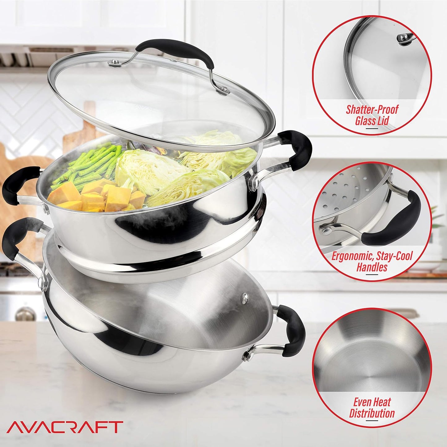 AVACRAFT 18/10, 3 Piece Stainless Steel Cooking Pot Set with Glass Lid, Momo Maker, Induction Steamer Pot
