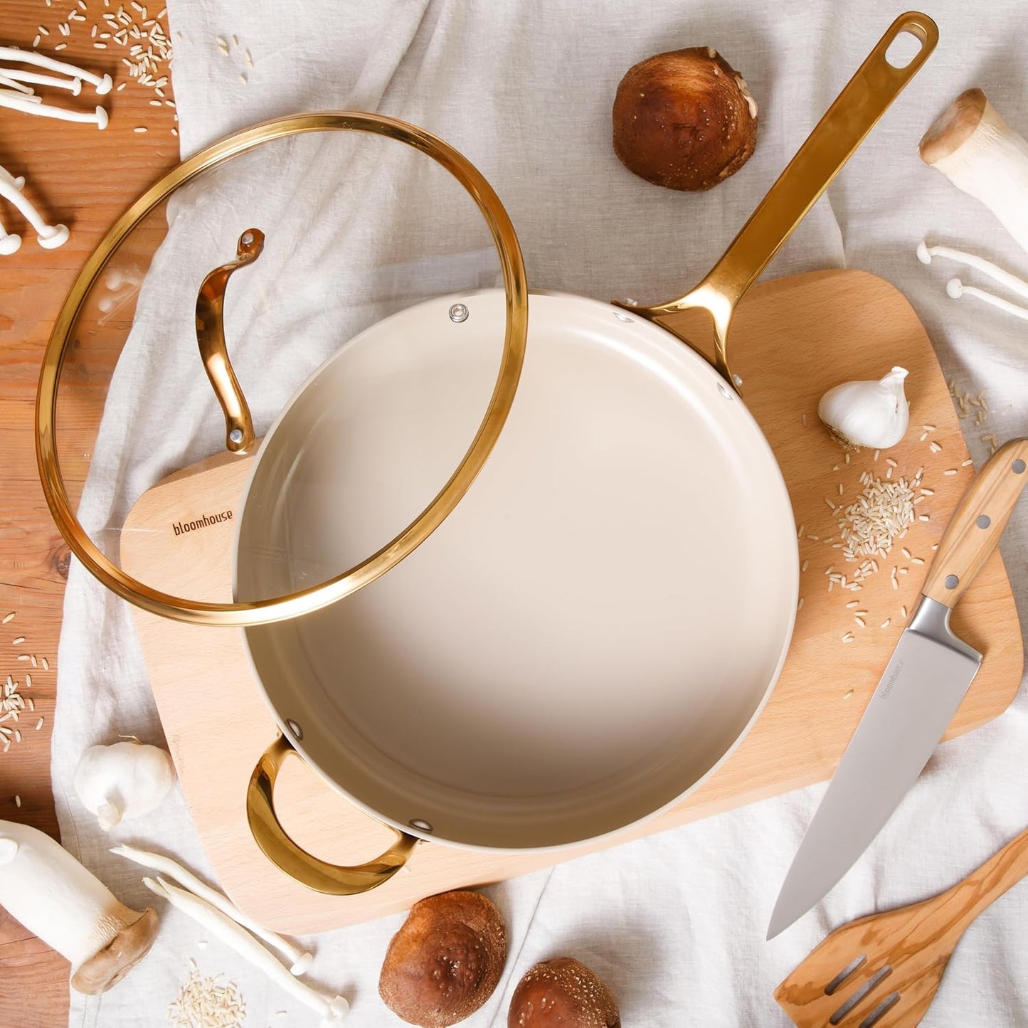 bloomhouse 6 QT Heavy Duty Aluminum Premium PFA Free Ceramic Nonstick Saute/Deep Frying Pan Skillet with Lid - Almond Cream w/Gold Handle