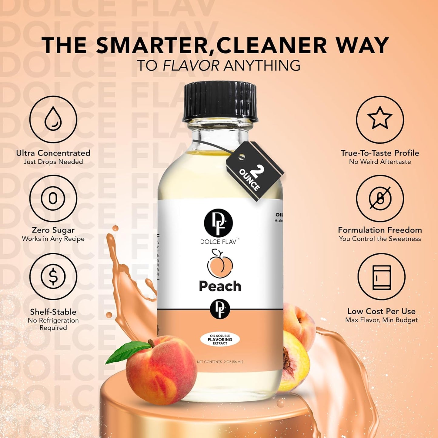 Dolce Flav Peach Extract – 2 Ounce Oil-Soluble Kosher, Sugar-Free, Concentrated Juicy Peach Flavoring for Baking, Chocolates & Desserts, Includes Measured Dropper