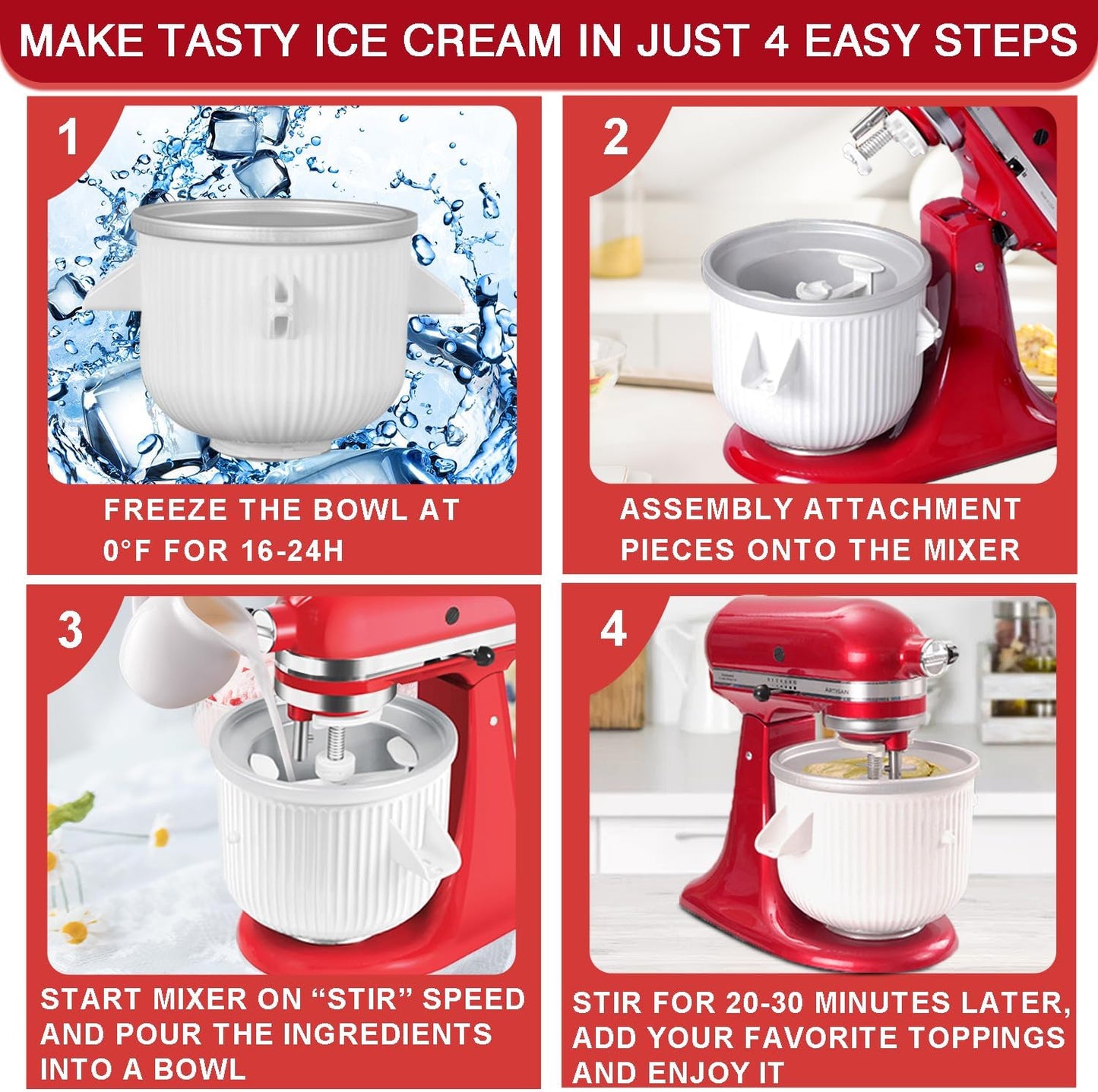 Ice Cream Maker Attachment for KitchenAid Stand Mixer, Compatible with 4.5/5QT & 6QT Stand Mixers, 2 Quart Frozen Kitchenaid Ice Cream Maker Attachment Ice Cream Bowl for Yogurt/Sorbet Gelato