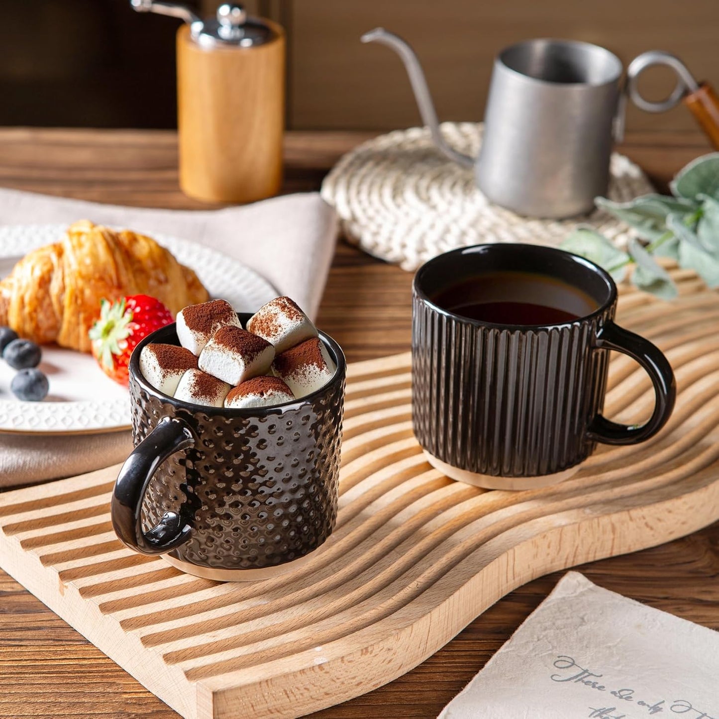 GBHOME 6OZ Stackable Coffee Mugs, Ceramic Coffee Mugs with Texture Patterns for Man,Woman,Dad,Mom, Modern Coffee Cups Set of 4 for Espresso/Cappuccino/Cocoa. Dishwasher&Microwave Safe, Black