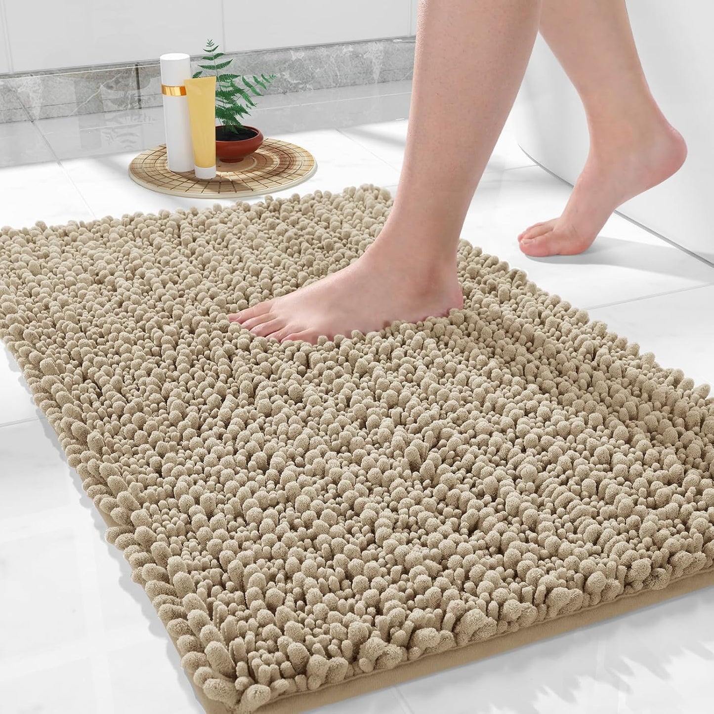 Yimobra Bathroom Rugs Non Slip Washable 32x20 Inch - Ultra Soft Absorbent Chenille Bath Mat, Quick Dry Shaggy Floor Carpet for Tub Shower, Pale Khaki Home Decor Accessories