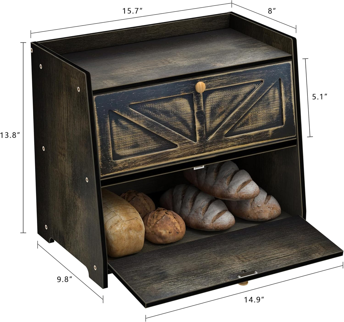 Vintage Double Layer Bread Box for Kitchen Counter Bamboo Bread Storage Container Large Capacity Bread Storage Bin (Antique Black)