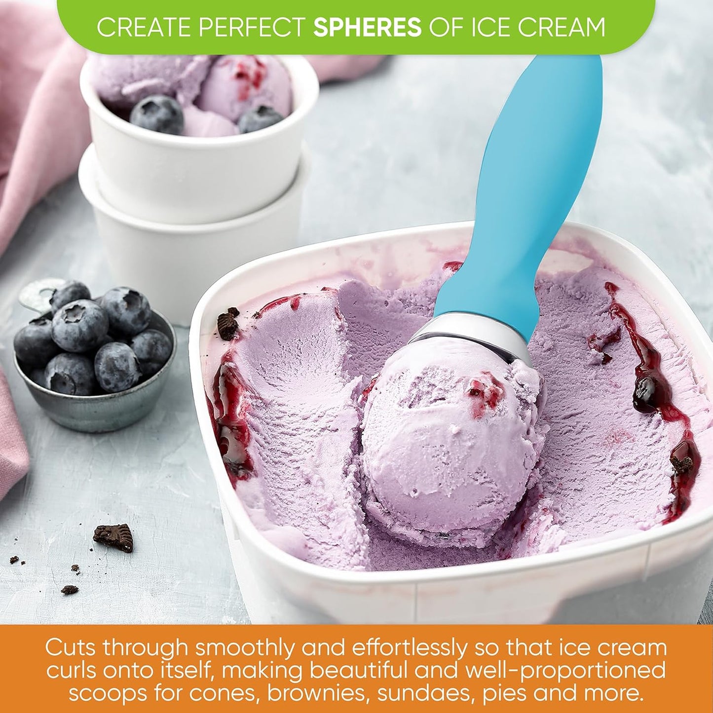 Spring Chef Heavy Duty Premium Ice Cream Scoops with Soft Grip Handle, Metal Ice Cream Scooper for Cookie Dough, Frozen Yogurt, Gelato, Sorbet, Sundae, Melon - Dishwasher Safe - 2 Pack - Aqua Sky