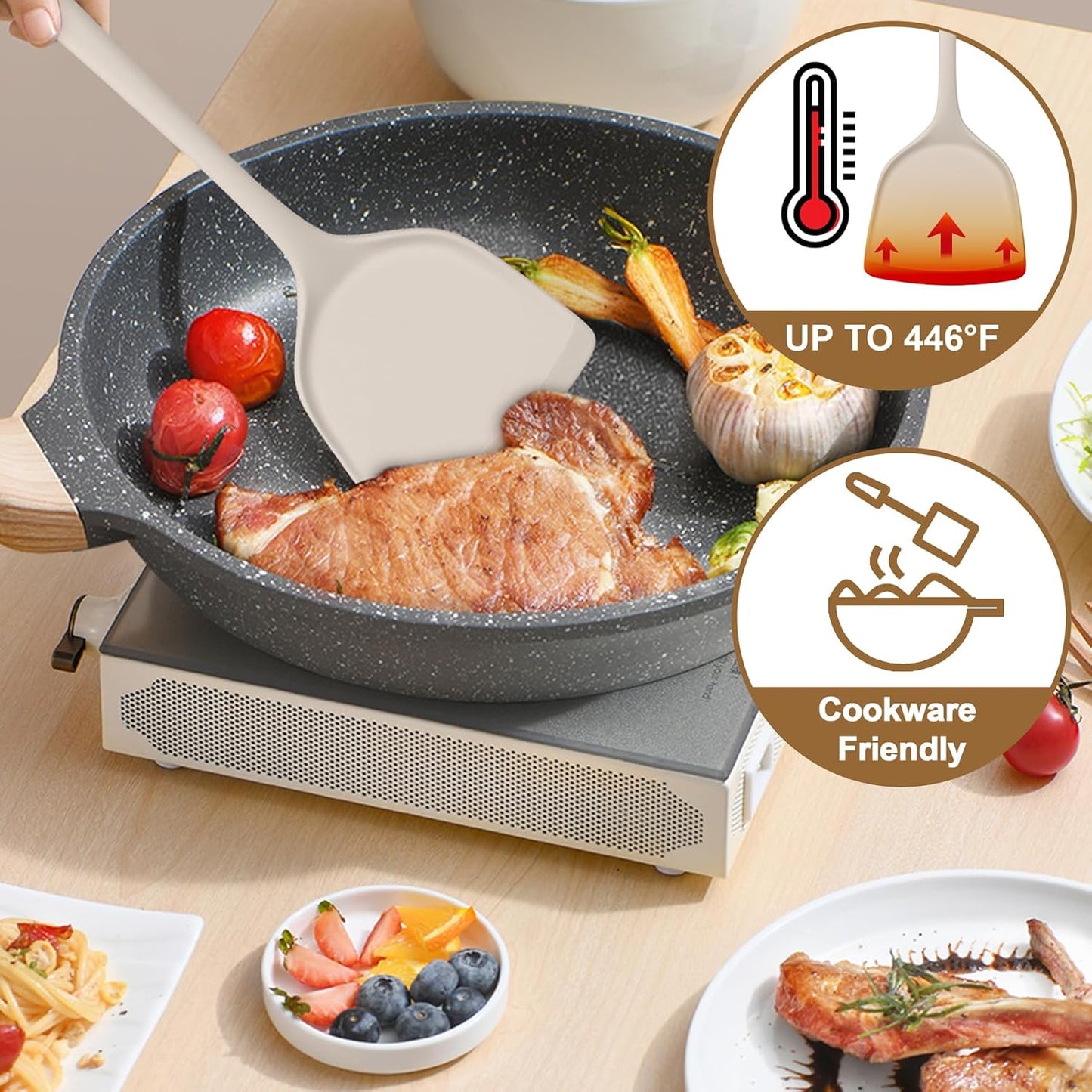 TeamFar Silicone Cooking Utensils, Kitchen Utensils Set of 5, Nonstick Cookware Tools Turners Spoons Pasta Server for Home, Healthy & Heat-Resistant, Seamless & Non-Scratch, Dishwasher Safe, Khaki