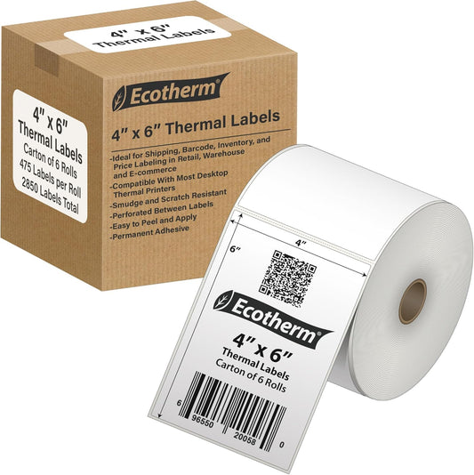 4" x 6" Thermal Labels | 6 Rolls | 2850 Labels | fits Zebra, Munbyn, Rollo, Godex, Arkscan, iDPRT, Offnova Thermal Label Printers and More | Blank White Adhesive Stickers by Ecotherm