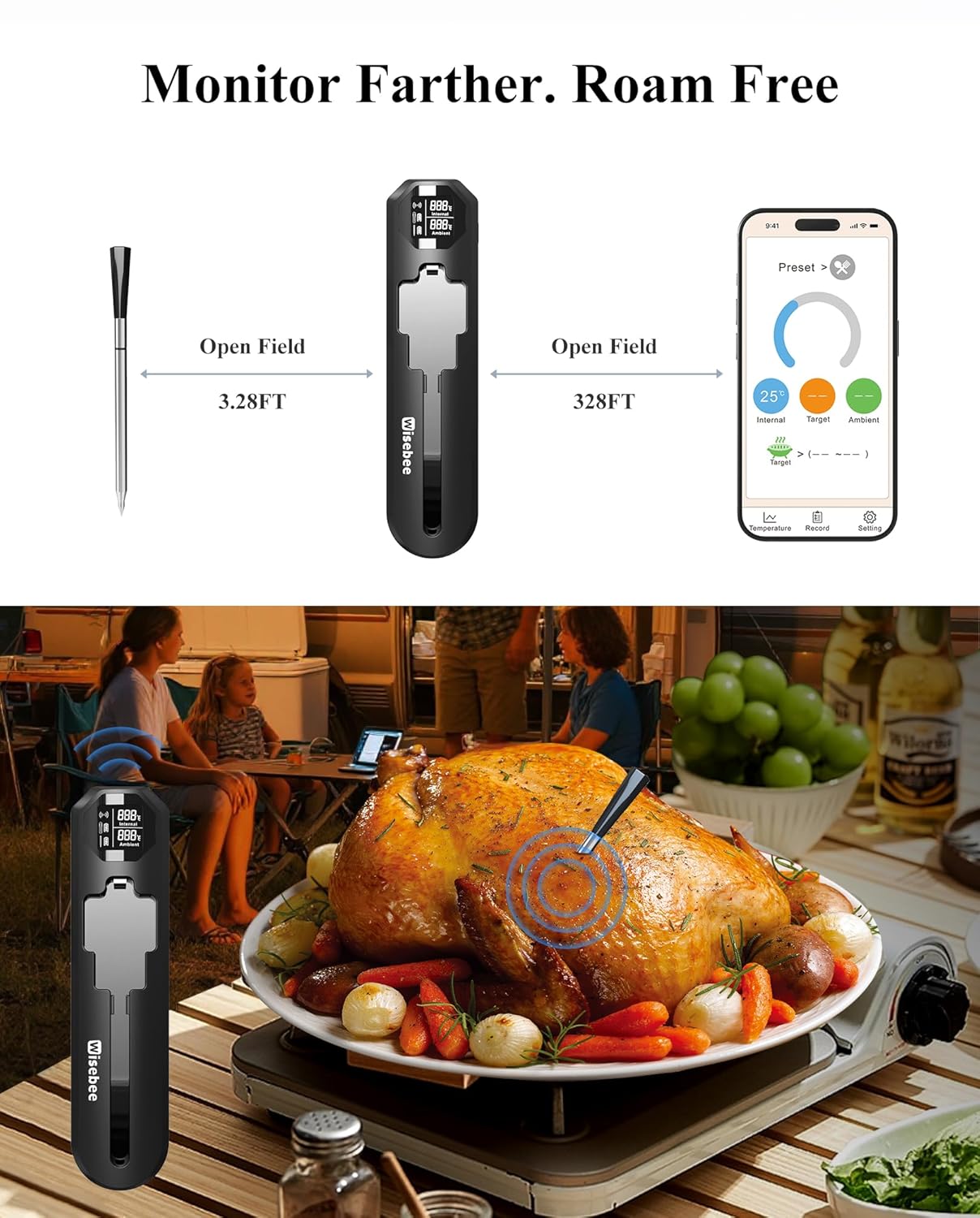Wisebee Meat Thermometer Digital Wireless,328FT Smart Bluetooth Probe Waterproof Thermometer with Remote Monitoring| Real-Time Readings| Rechargeable LCD Booster| Dual Alarm| App Controlled| Cooking