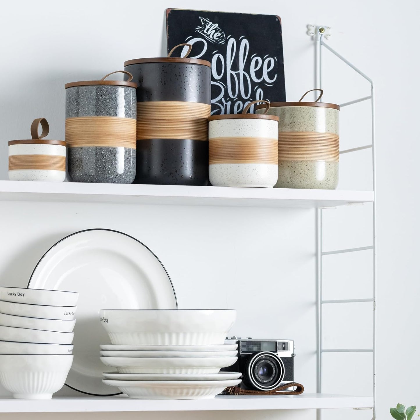 Spice Jars with Lid, Coffee Container Kitchen Food Storage Jars for Spice Sugar Tea Bag, Stackable Decorative Jars for Countertop, Black & 37oz