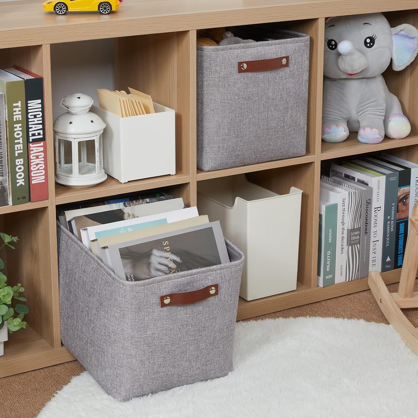 HNZIGE Large Rectangle Storage Baskets for Shelves 16"×11.8"×11.8" Fabric Storage Bins with Handles (2 Pack) Decorative Storage Baskets for Organizing Clothes, Toy, Quilts, Sundries Closet(Gray)