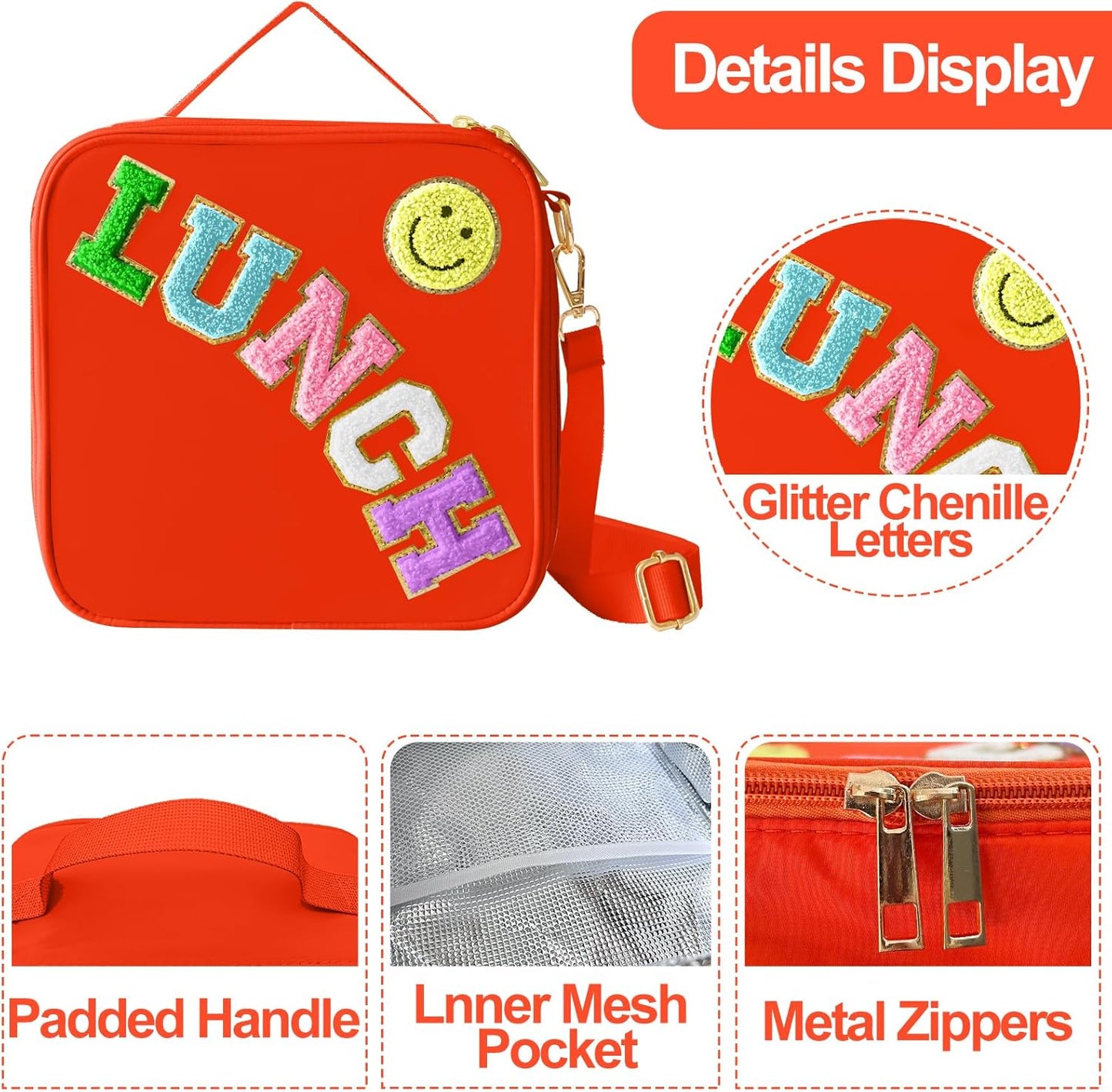 Insulated Lunch Bag With Adjustable Shoulder Strap, Nylon Preppy Lunch Box Large Insulated Lunch Bag Reusable Lunch Tote Bag with Smiley Preppy LunchBag for Girls School Travel Picnic (Orange)