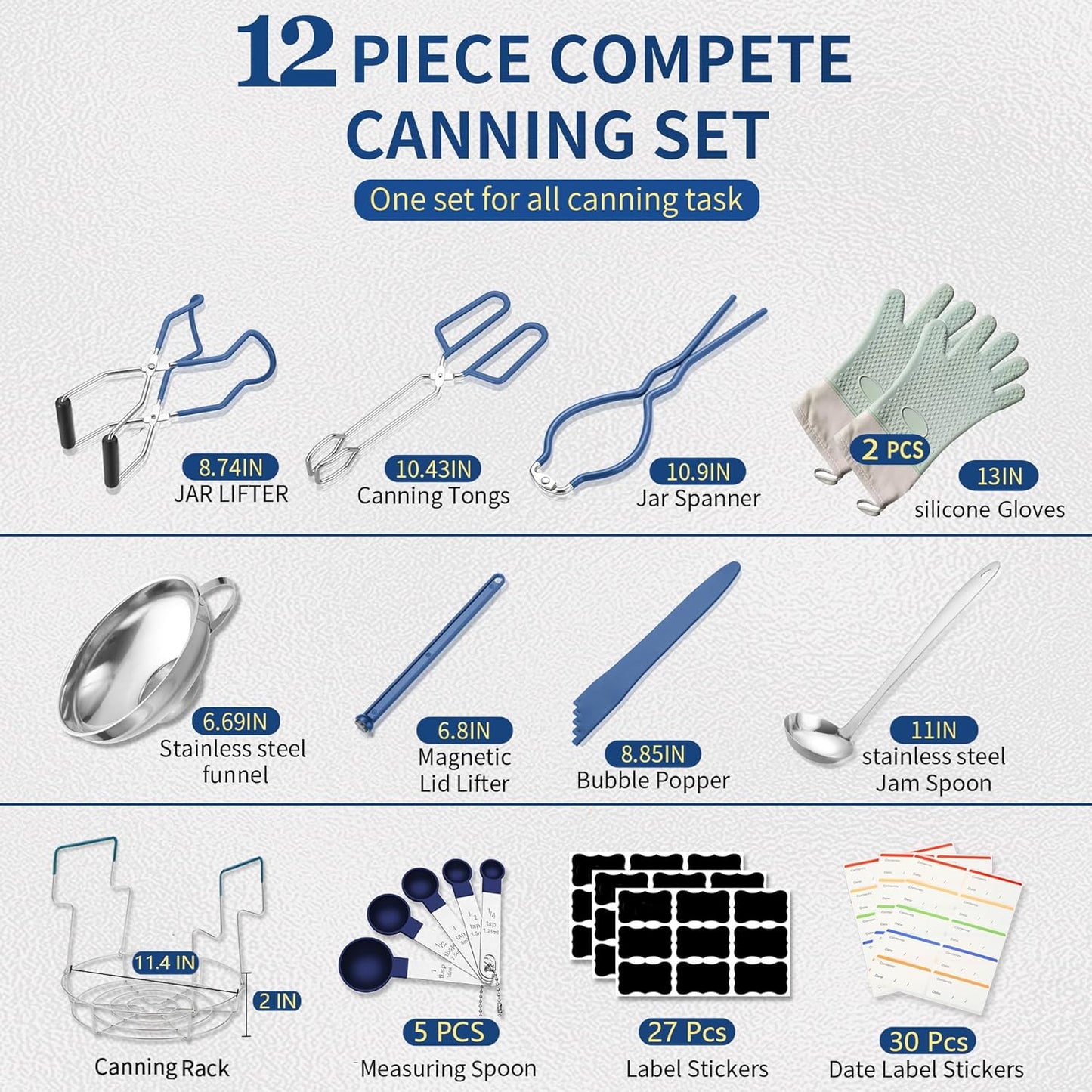 Canning Supplies Starter Kit,Canning Kit for Beginners of 12 with Rack，Silicone Oven Gloves，Jar Lifter，Funnel,Wrench,Tongs,Lid Lifter,Bubble Popper,Labels,ladle,Measuring spoon-G12-Blue