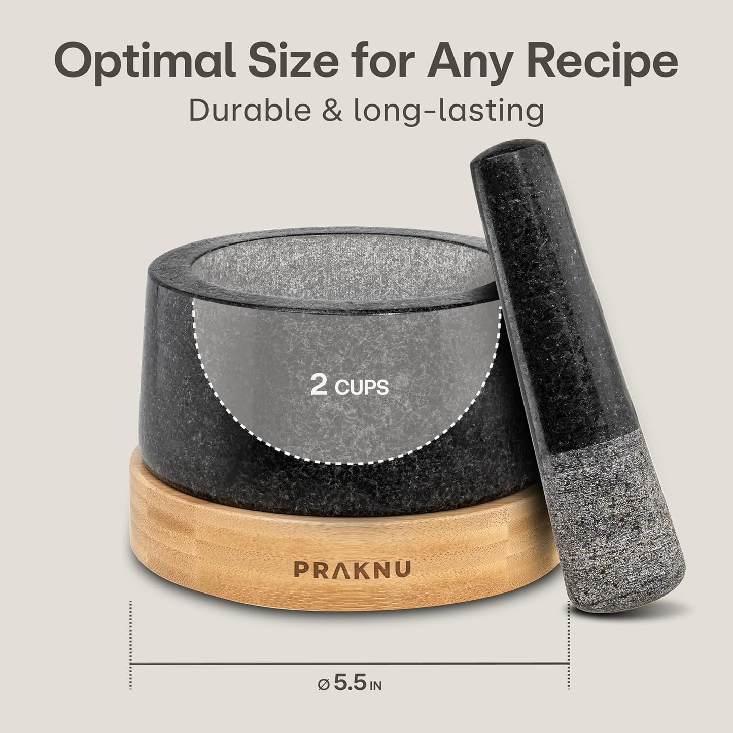 Mortar and Pestle Set Large 2 Cup - Heavy-Duty Stone Grinder for Spices, Herbs & Guacamole - Durable Granite - Non-Slip Wooden Base - Effortless Grinding & Easy to Clean
