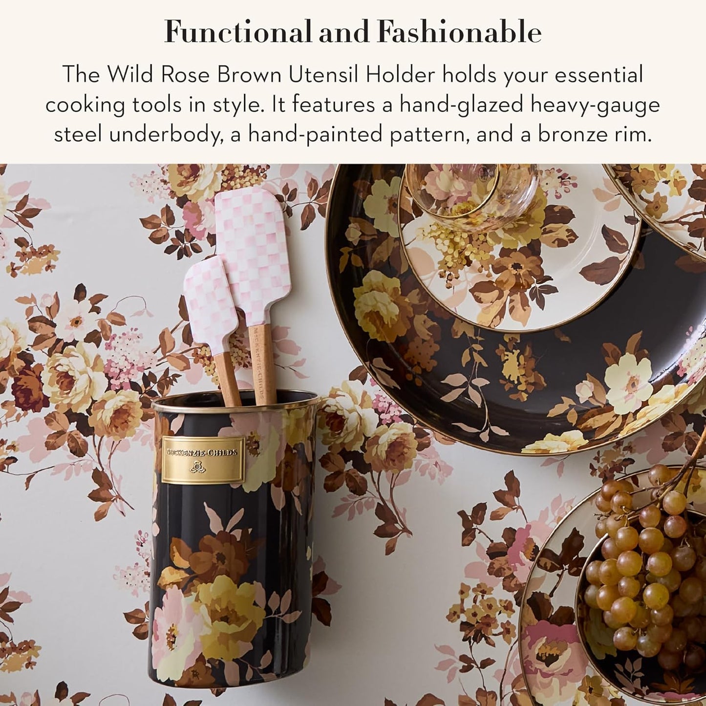 MACKENZIE-CHILDS Wild Rose Brown Utensil Holder