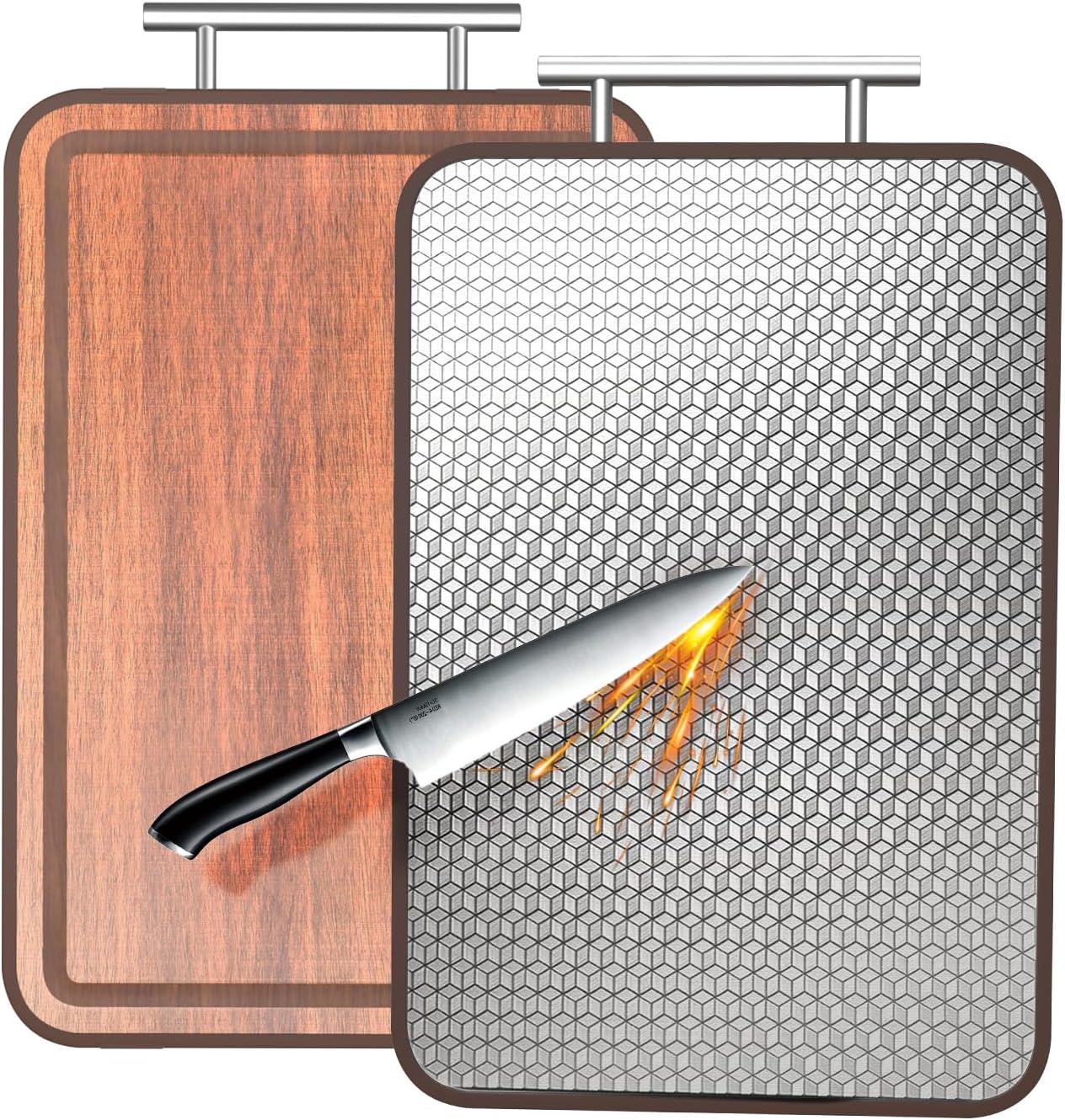 Stainless Steel Cutting Board Wood Double Sided Chopping Cutting Boards for Kitchen - 2 in 1 Ebony Metal with Handle Scratch Resistant Raw Meat Vegetable Fruit Cooking Gift 16.3''×10.4''×1''(Upgraded)