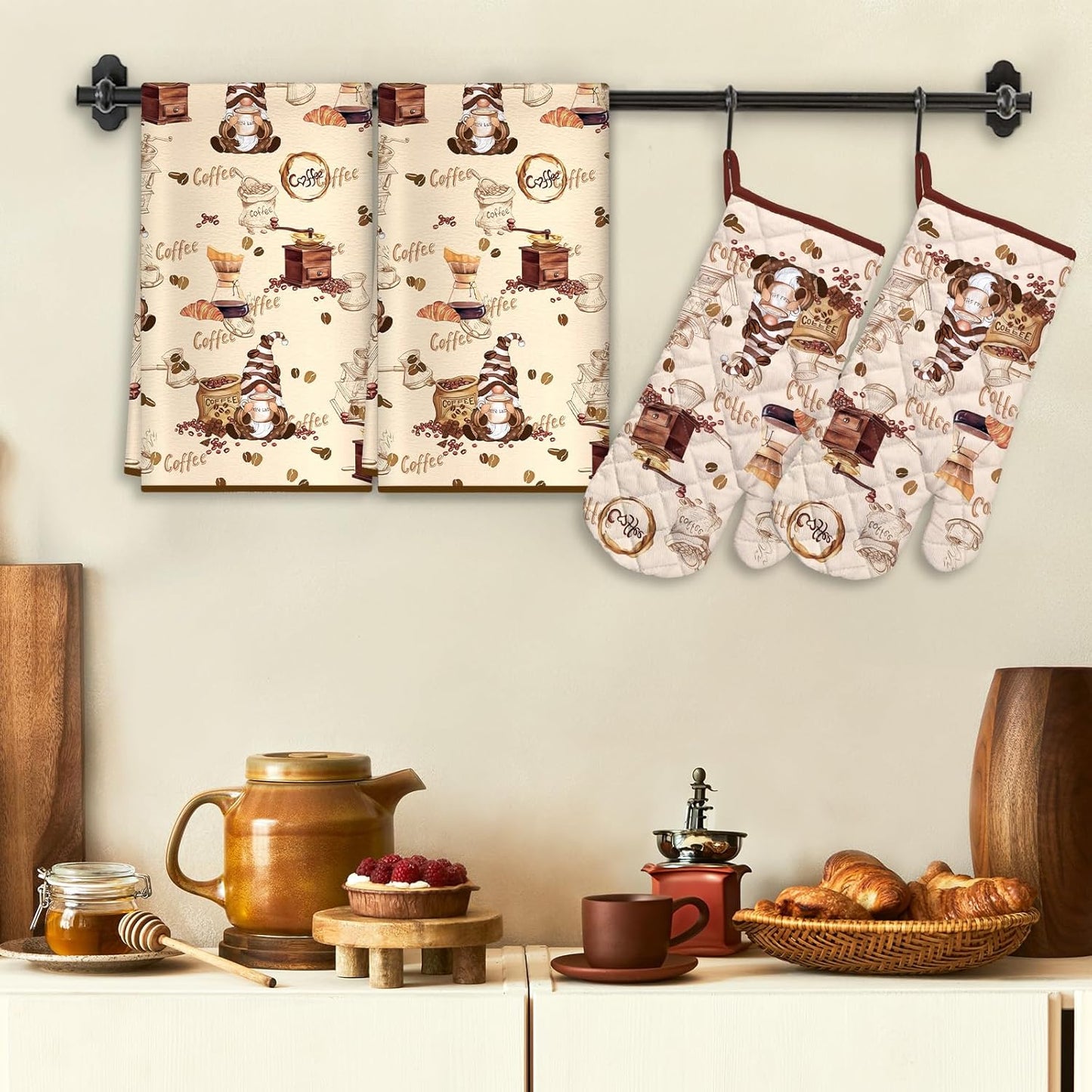 Vintage Coffee Kitchen Towels and Oven Mitts Set 4Pcs, Soft Absorbent Dish Cloth Heat Resistant Oven Gloves for Cooking Baking Kitchen Decoration, Gifts for Her