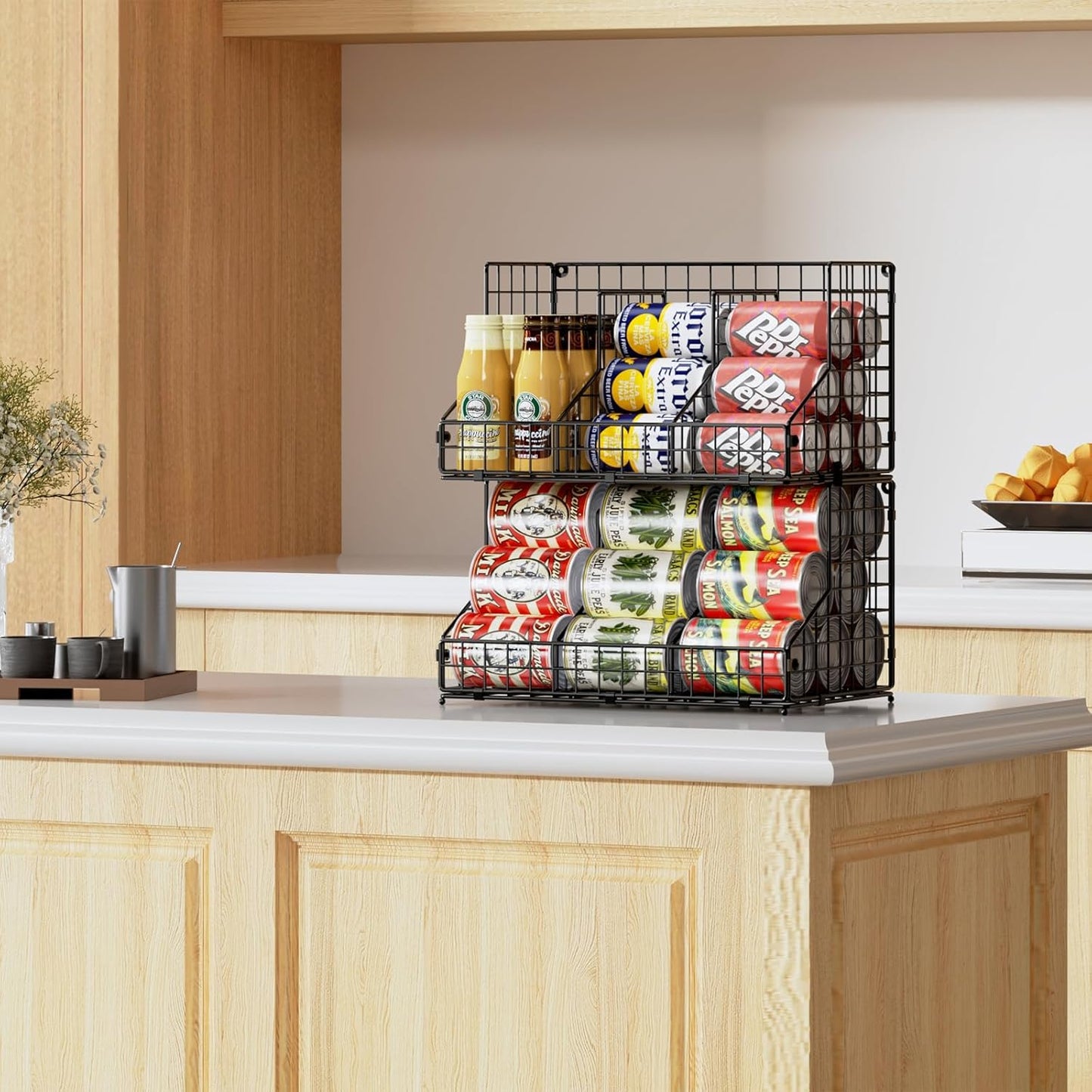 Stackable Can Organizer for Pantry,2 Tier Soda Can Organizer with 4 Adjustable Dividers Holds 42 Cans,Can Storage Rack Holder for Canned Goods,Can Dispenser for Refrigerator,Fridge,Countertop,2 Pack