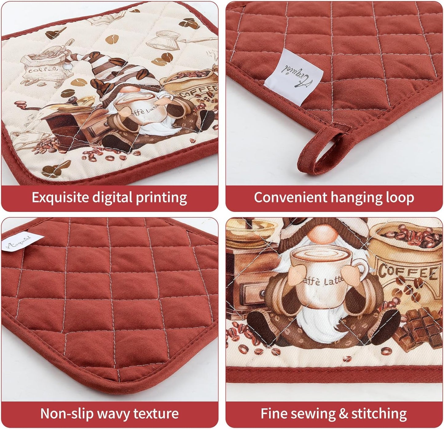 Coffee Gnome Oven Mitts and Pot Holders Sets 4Pcs, 100% Cotton Heat Resistant, Extra Long Oven Gloves Potholder for Kitchen Cooking Baking Decoration