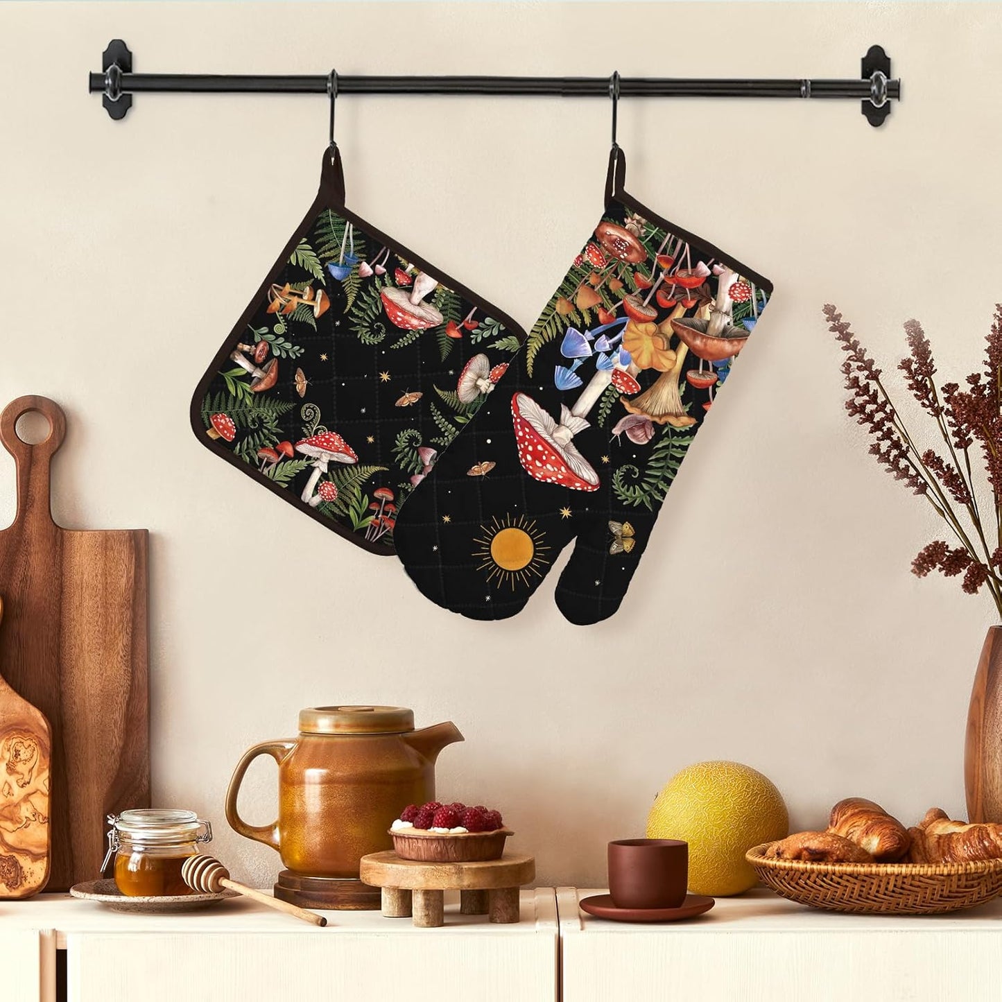 Mushroom Grass Oven Mitts and Pot Holders Sets 2Pcs, 100% Cotton Heat Resistant, Extra Long Oven Gloves Potholder for Kitchen Cooking Baking Decoration