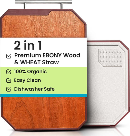 Large 2-Sided Cutting Board for Kitchen Meal Prep & Serving – Organic Wooden & Wheat Straw Chopping Board with Juice Groove, Handle | Dishwasher Safe Steak & Cheese Board | Ideal Gift for Couples