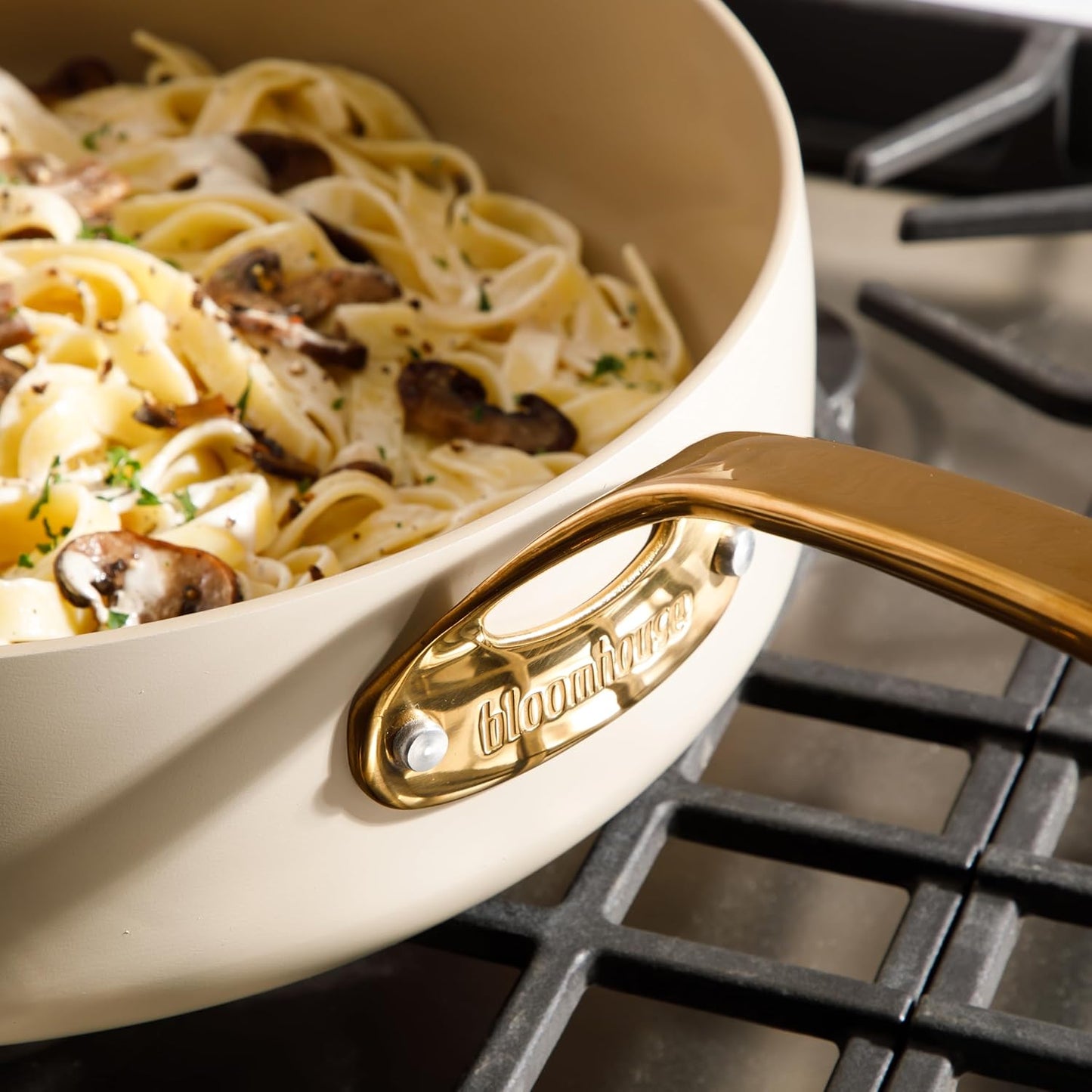 bloomhouse 6 QT Heavy Duty Aluminum Premium PFA Free Ceramic Nonstick Saute/Deep Frying Pan Skillet with Lid - Almond Cream w/Gold Handle