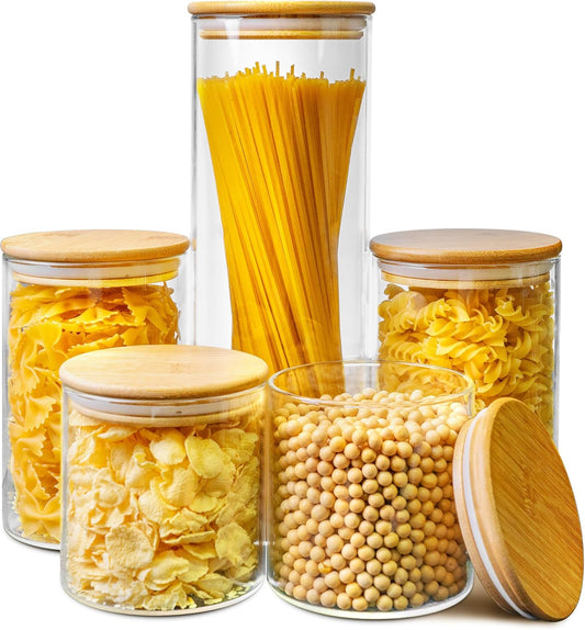 Multi Size - 5 Pack Glass Jars with Bamboo Lids, Glass Pantry Storage Containers with Airtight Lids, Round Air Tigh Food Storage Canisters for Cereal, Pasta, Flour, Sugar, Best for Kitchen Organizer