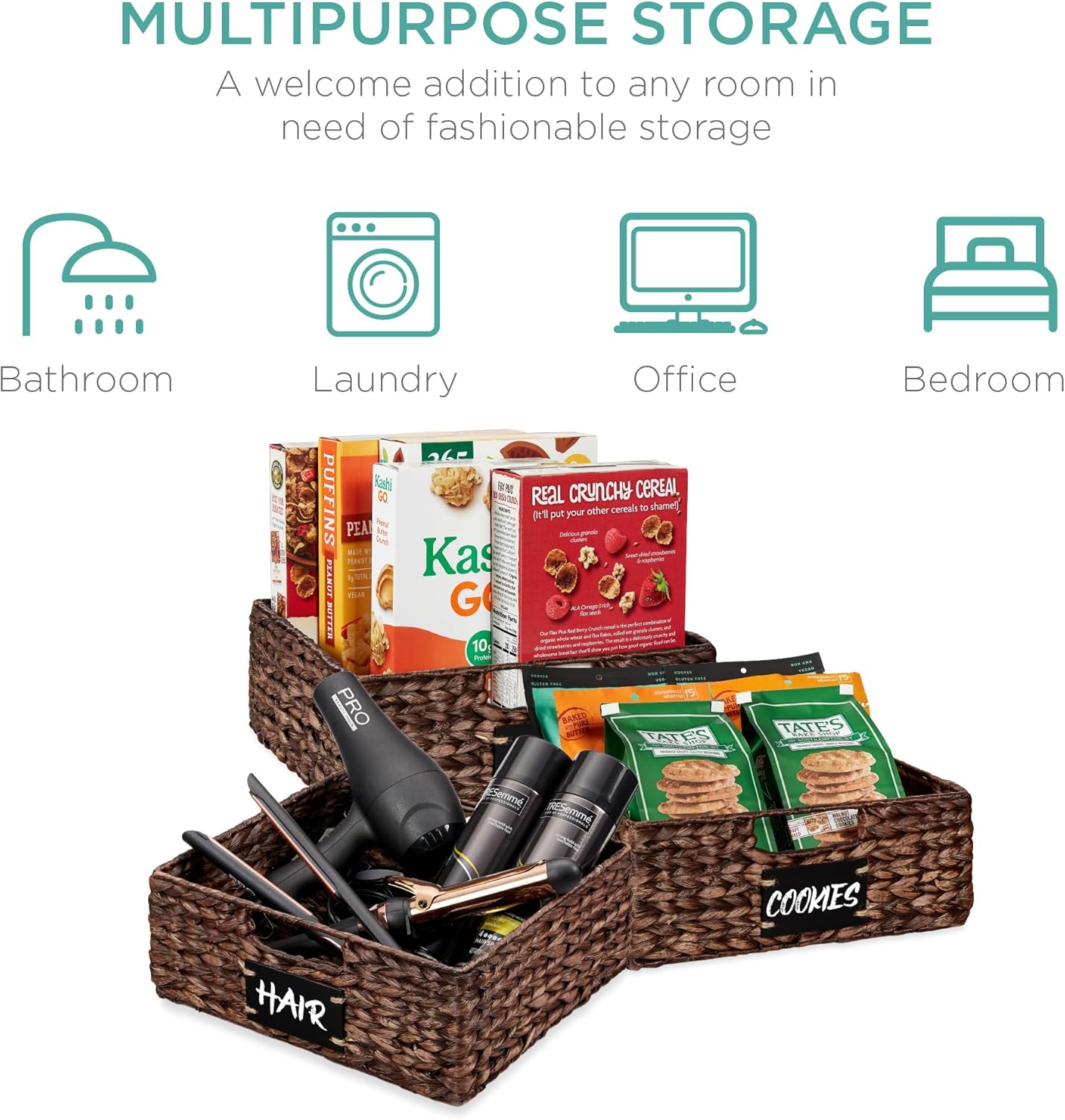 Best Choice Products Set of 4 13x12in Water Hyacinth Pantry Baskets, Woven Organizers w/Chalkboard Label, Chalk Marker - Brown