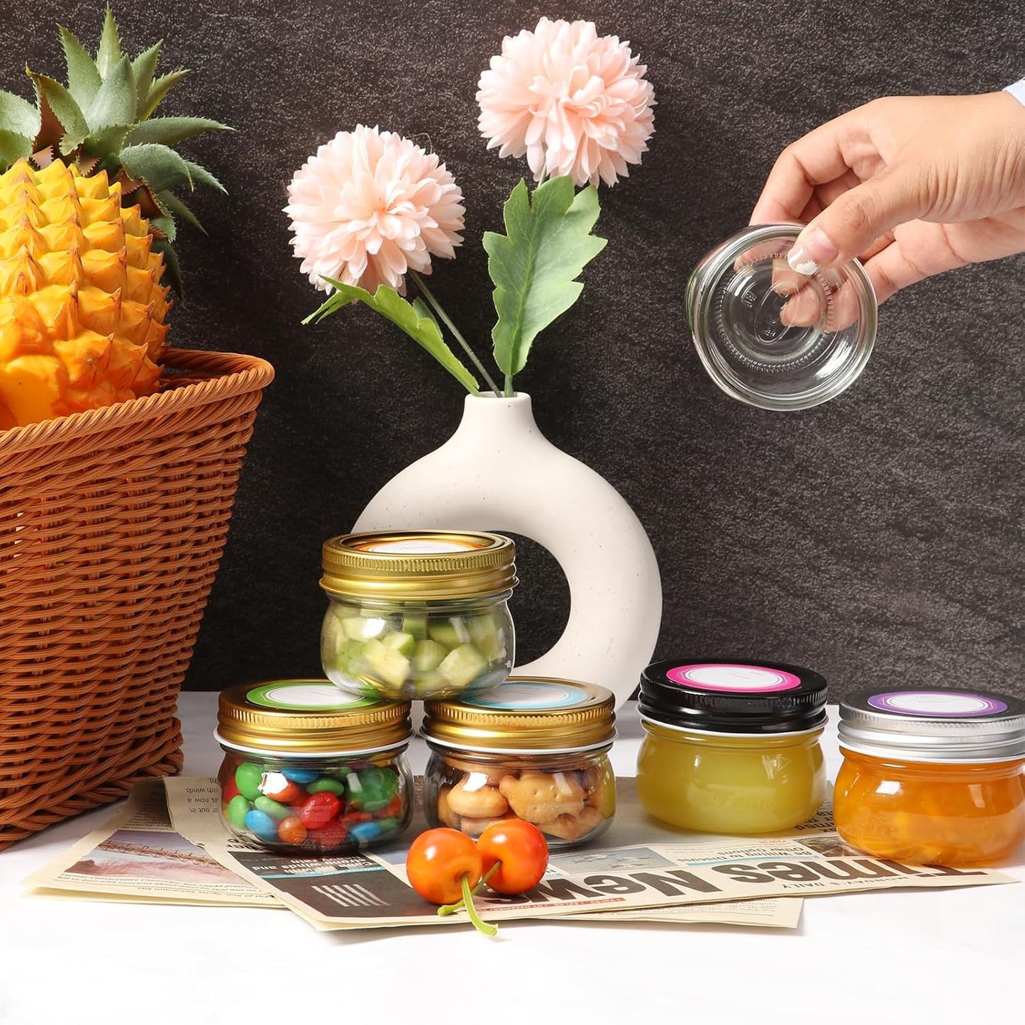 4 oz Mason Jars With Silver Lids, 24 Pack Regular Mouth Canning Jars for Jam, Honey, Yogurt, Spices, Snacks, DIY Projects, Wedding Favors- Includes 30 Stickers