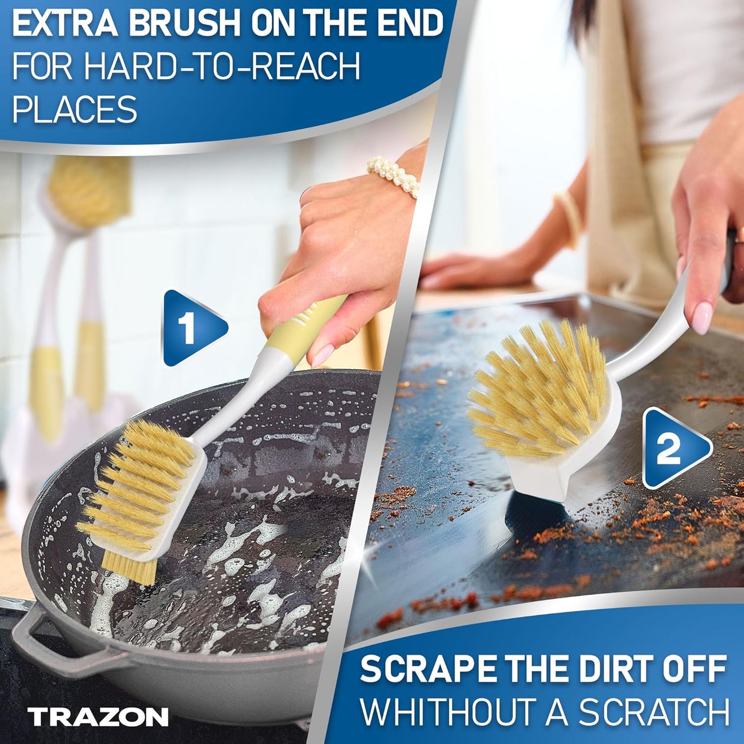 Dish Brush Set of 5 with Holder - Kitchen Scrub Brushes with Non-Slip Long Handle for Cleaning, Scrubber, Dishwashing, Dishes, Bottles, Straws, Cups, Pots & Sink, Baige