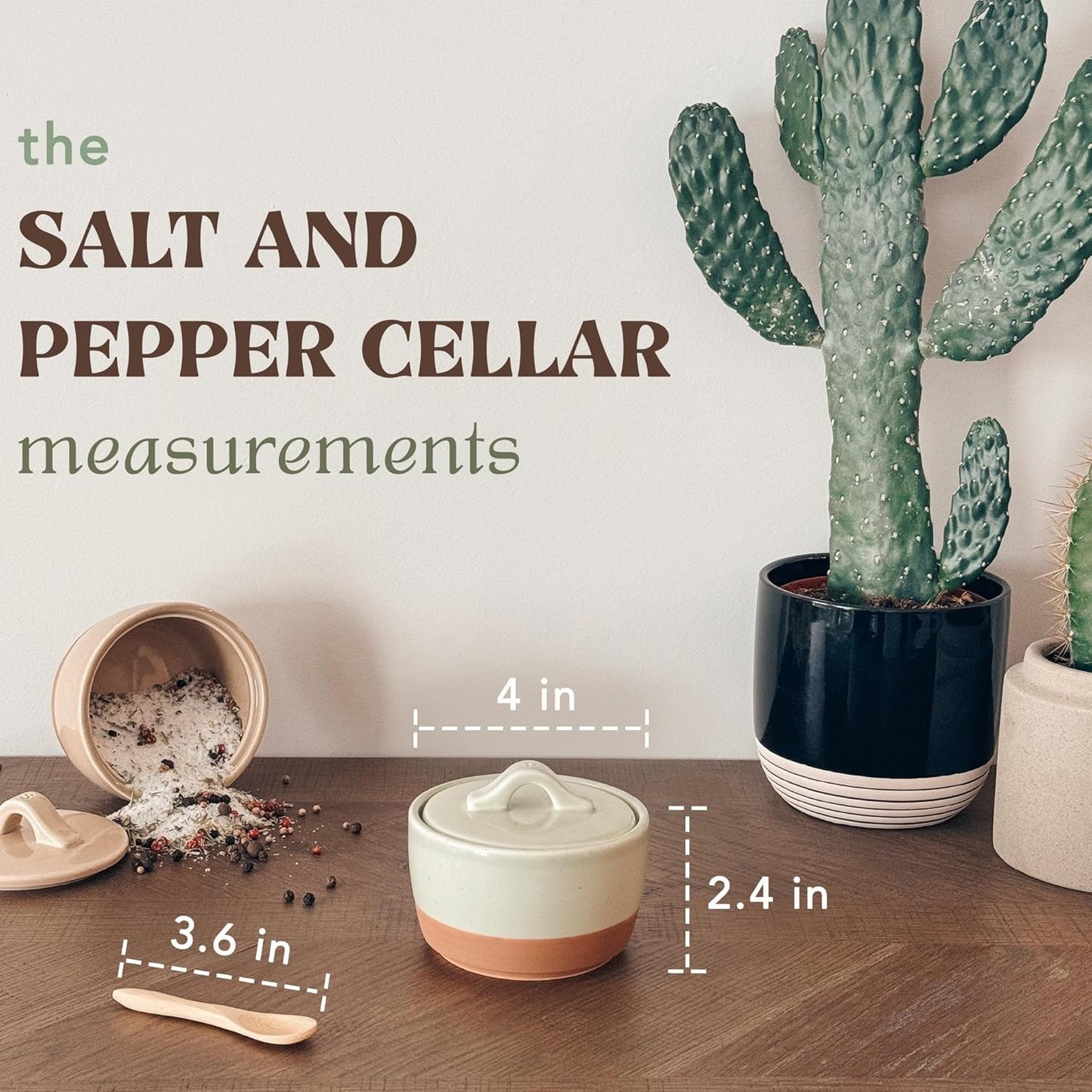 Mora Ceramic Salt and Pepper Cellar Set with Lid - 10 oz Modern Canister/Container/Bowl for Storage, Sea Salt, Spice, Sugar, Countertop - Small Dish/Jar with Wood Spoon, Matcha & Chai Crock