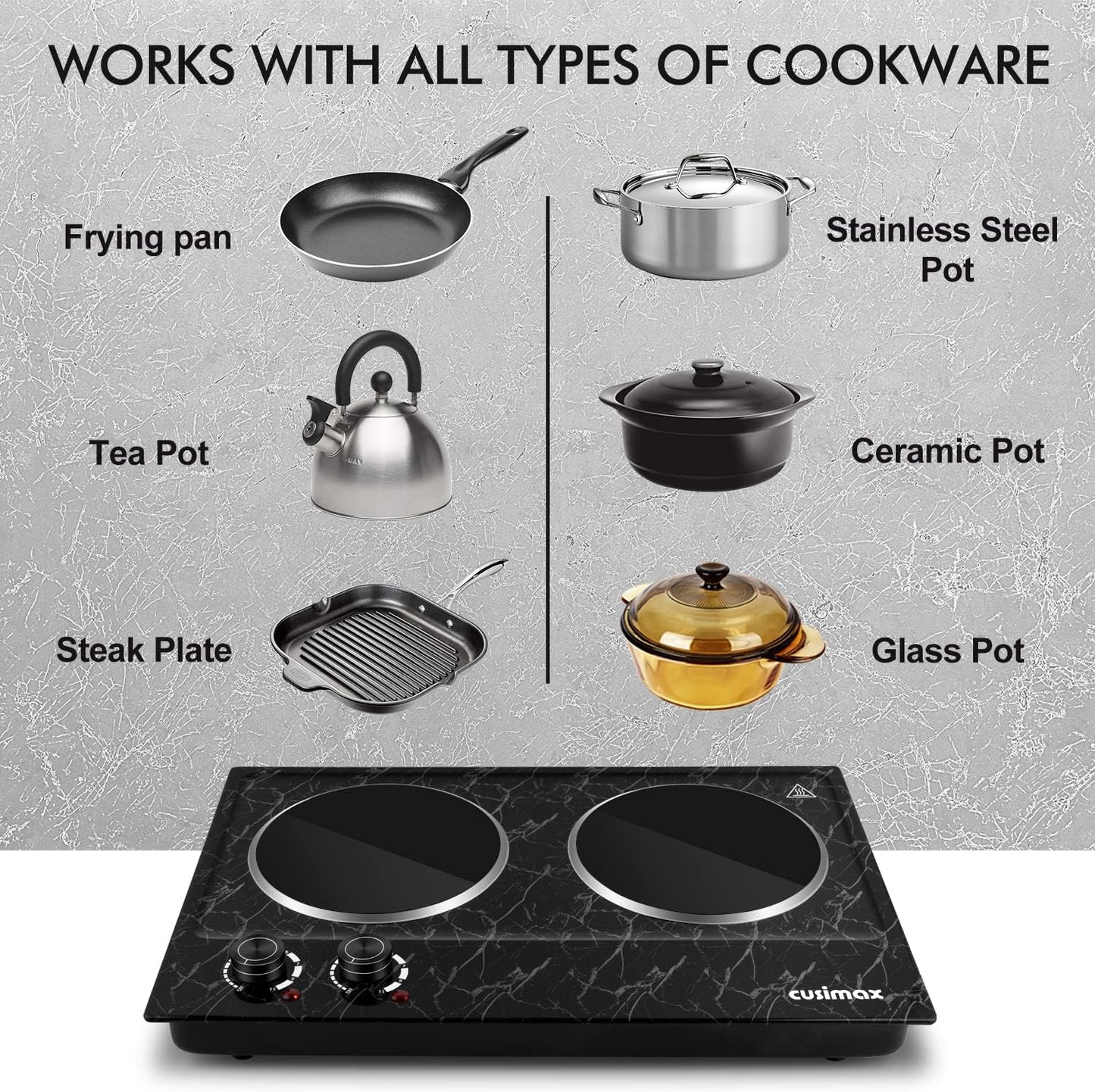 Hot Plate, CUSIMAX Double Burner Electric Hot Plate for Cooking, 1800W Dual Control Portable Stove Countertop Electric Burner Infrared Cooktop, Stainless Steel Black Marble
