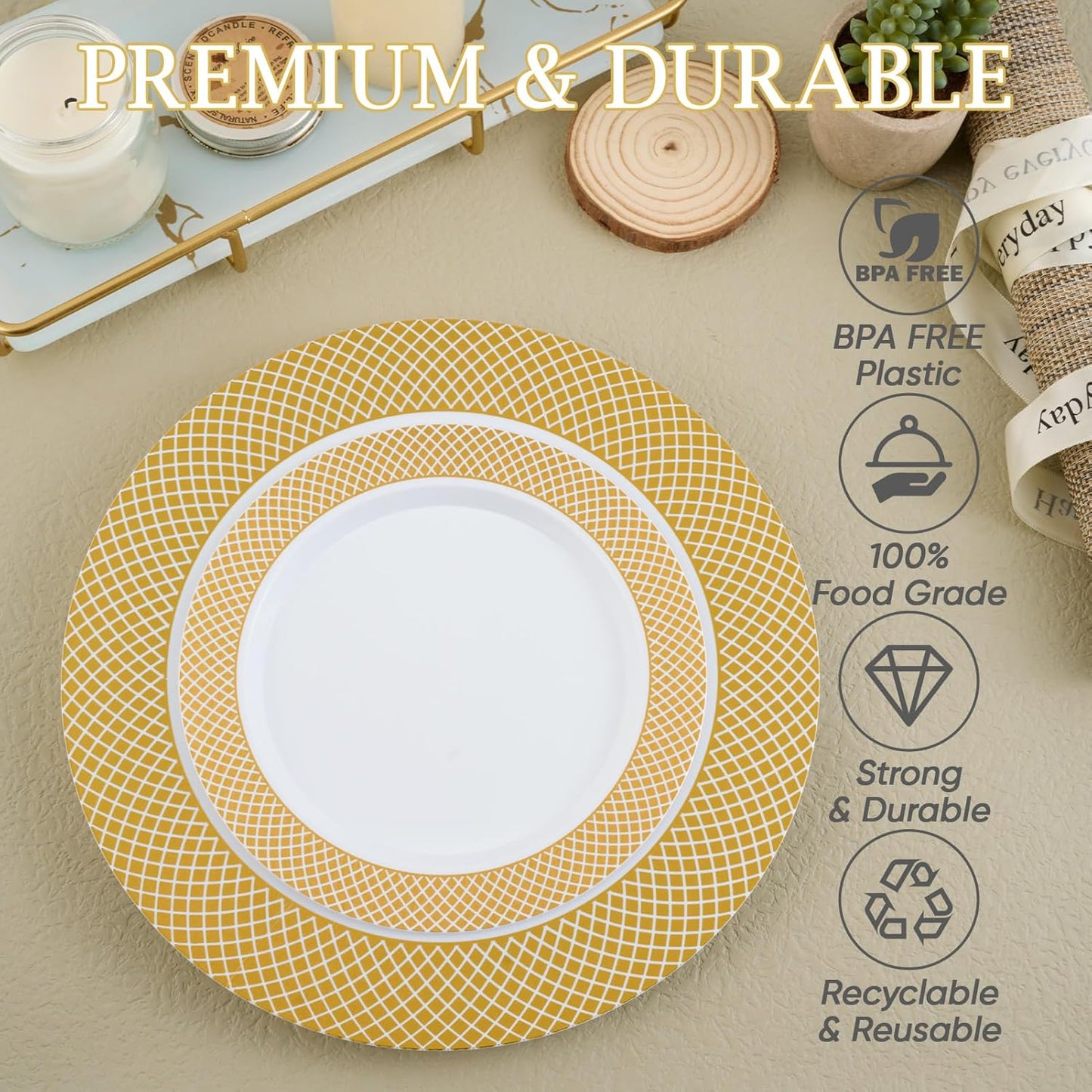 FOCUSLINE Gold Plastic Plates Set of 102, Disposable Plates with Gold Grid Rim 51 Dinner Plates 10" and 51 Salad Dessert Appetizer Plates 7", Elegant Fancy Heavy Duty Wedding Party Plates