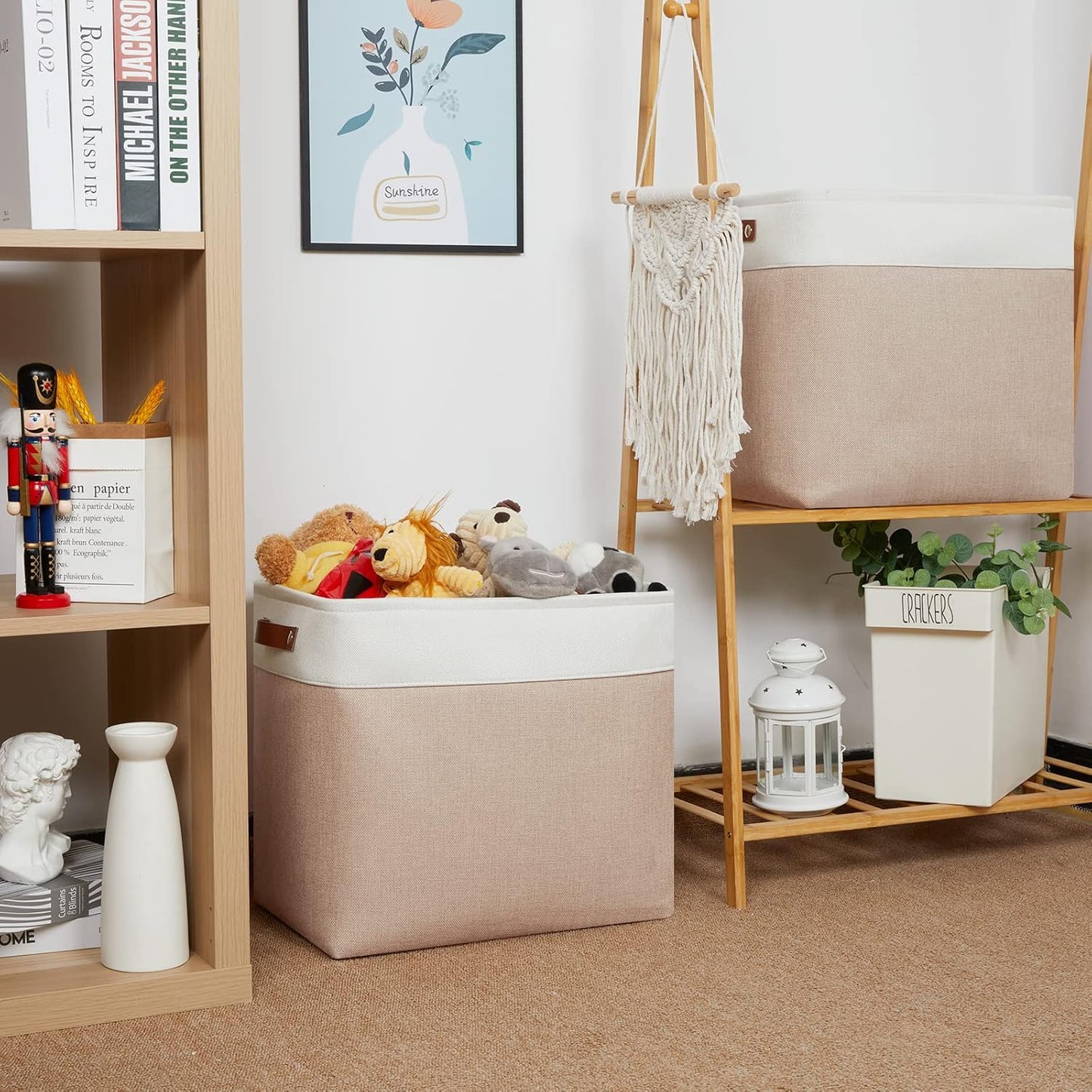 HNZIGE Large Fabric Storage Basket for Shelves, Rectangular Storage Bins Baskets for Storage, Canvas Collapsible Storage Bins with Handles for Organizing Home, Closet(White Beige)