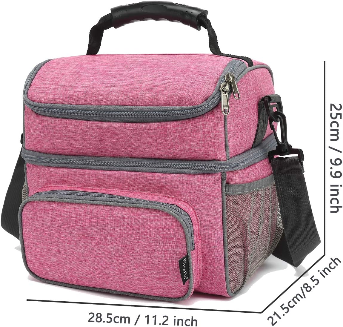 FlowFly Double Layer Cooler Insulated Lunch Bag Adult Lunch Box Large Tote Bag for Men, Women, With Adjustable Strap,Front Pocket and Dual Large Mesh Side Pockets