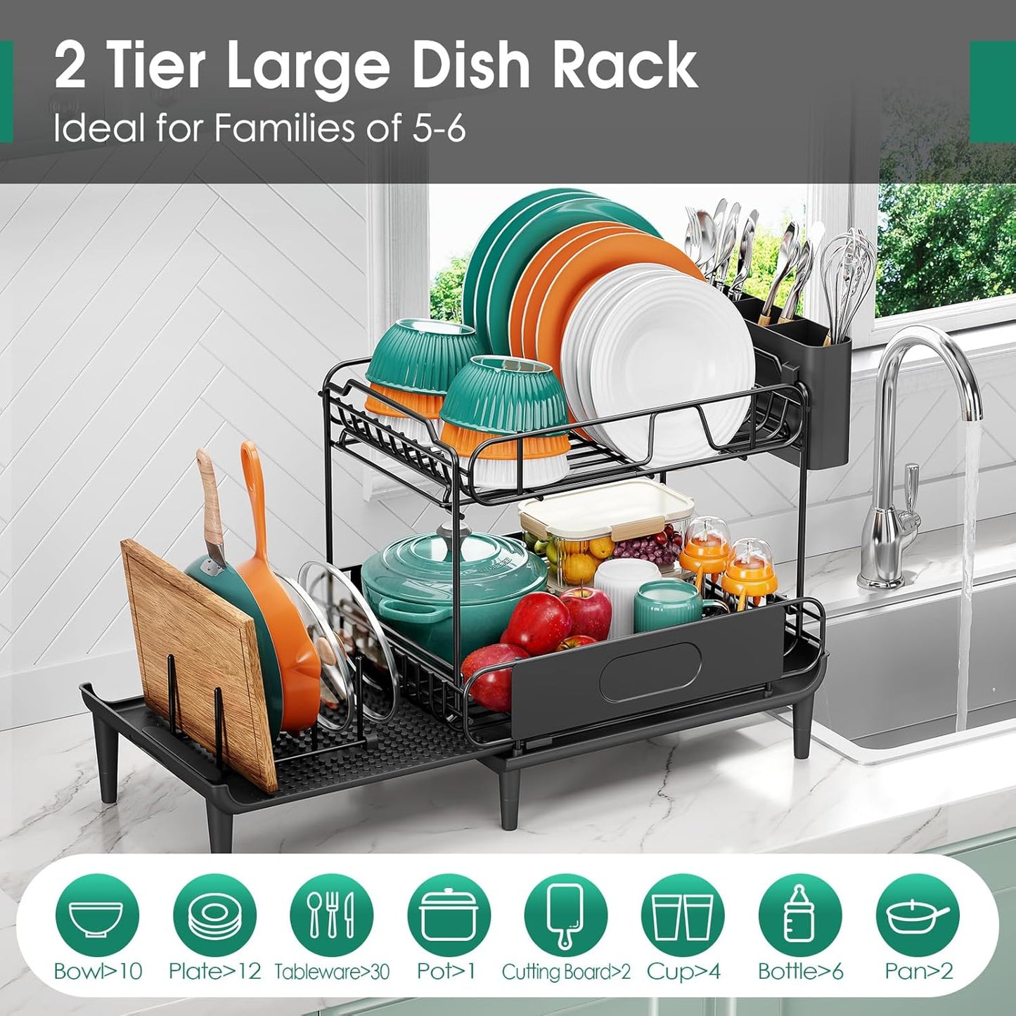 Dish Drying Rack for Kitchen Counter, Expandable 2 Tier Dish Rack, Large Capacity Dish Drainer with Drainboard Multifunctional Dish Strainer with Removable Cutlery Holder Black