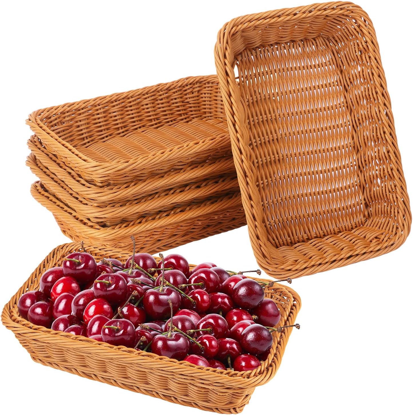 6 Pack 12 Inch Brown Poly Wicker Bread Baskets, Rectangular Wicker Bread Basket, Imitation Rattan Wicker Fruit Baskets for Table, Candies, Crackers, Fruit, Vegetables, Restaurant,Home Kitchen