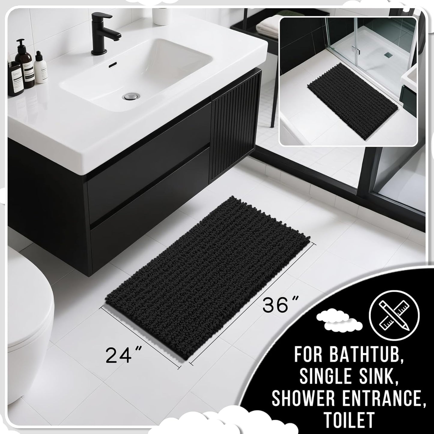 Yimobra Large Bathroom Rugs Non Slip Washable 36x24 Inch - Ultra Soft Absorbent Chenille Bath Mat, Quick Dry Shaggy Floor Carpet for Tub Shower, Black Home Decor Accessories