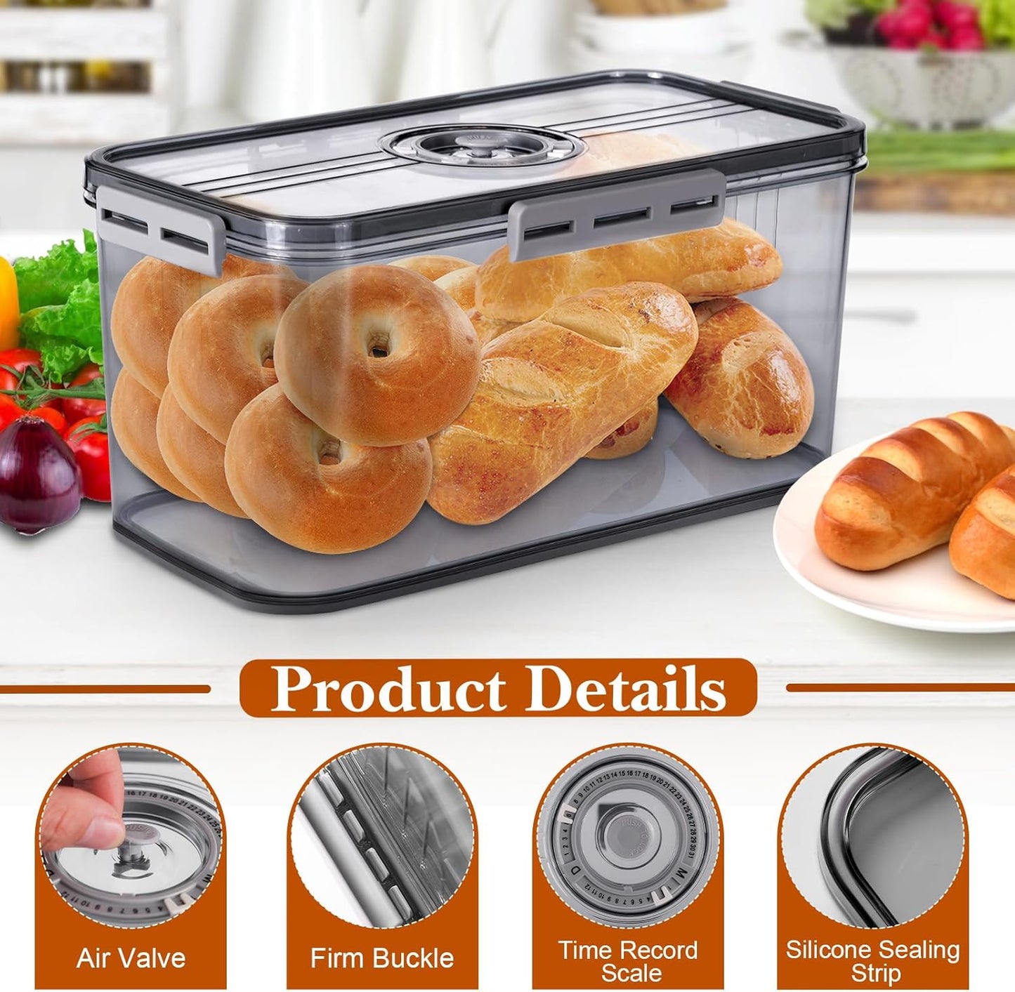 Bread Box for Homemade Bread Boxes for Kitchen Counter Airtight, Time Recording Bread Storage Container with Lid, Bread Containers Storage Airtight Loaf Bread Keeper, Large, Dark Grey