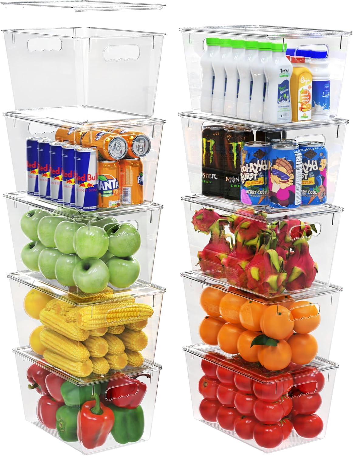 YAN & HIN 10 pcs/set Large Clear Storage Bins with Lids - Stackable, Transparent Pantry Storage with Handles - Nest Nicely for Easy Organization (11 "L x 7.5" W x 6.1 "H)