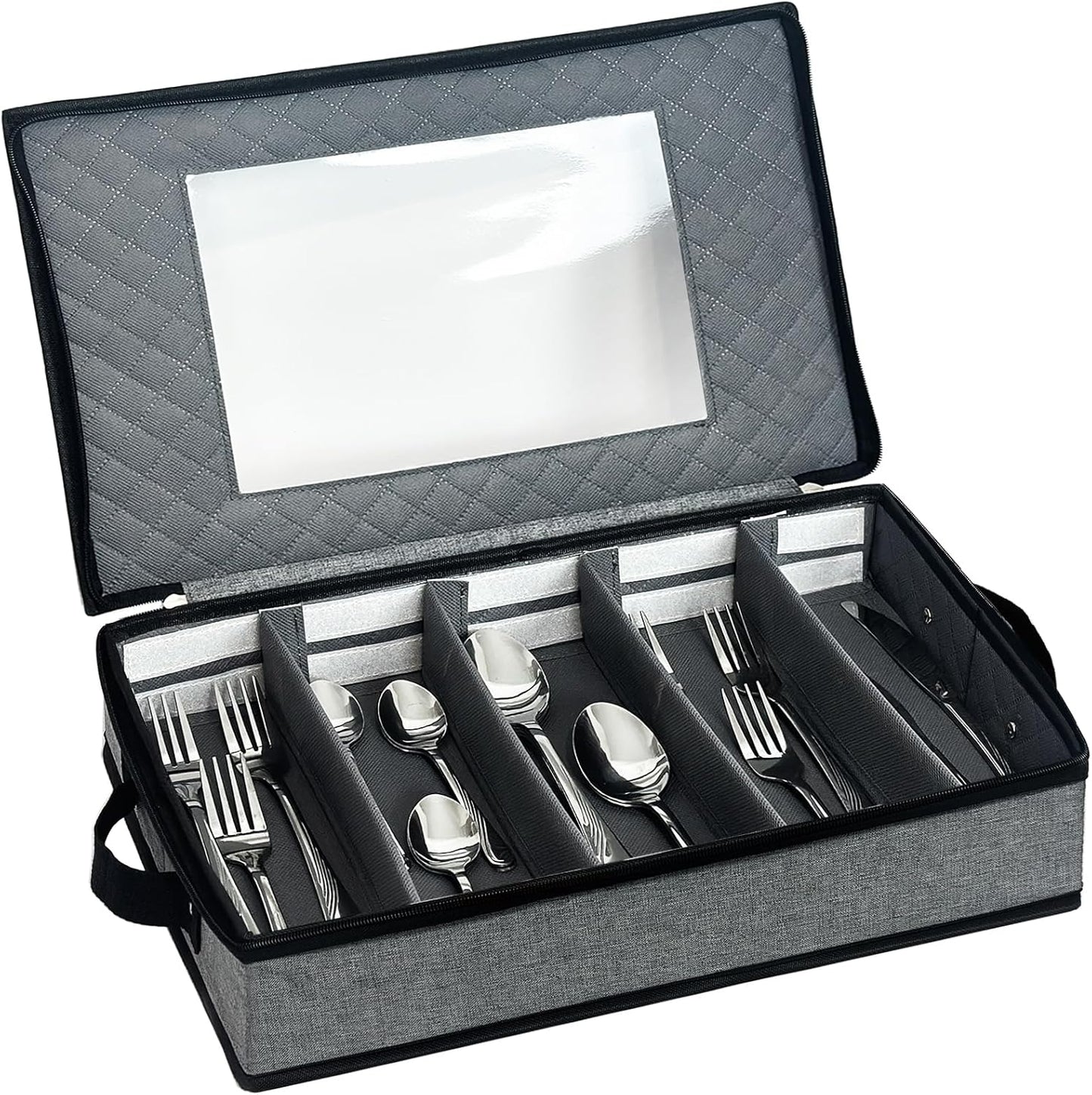 VERONLY Flatware Storage Case, Silverware Storage Box Chest with Dividers, 5 Compartment Cutlery Holder, Light Gray