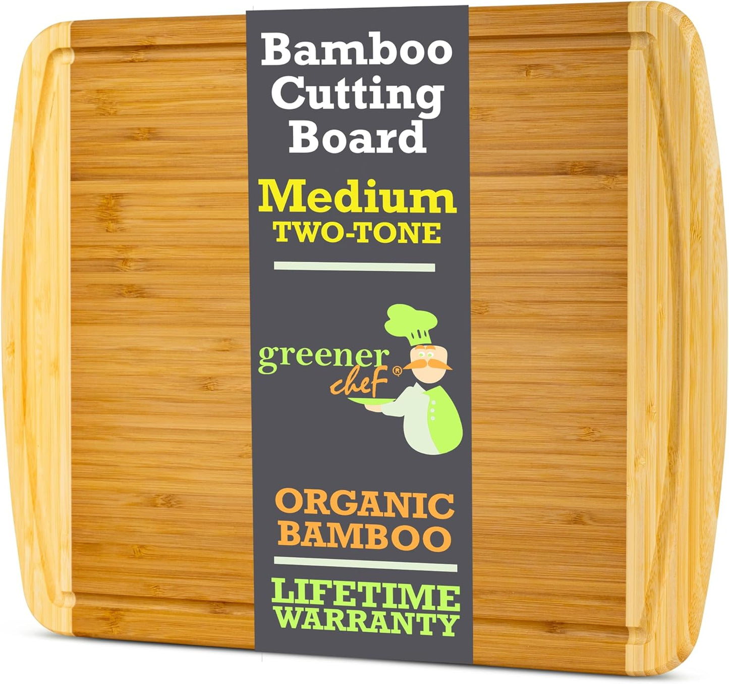 GREENER CHEF 15 Inch Medium Cutting Board with Lifetime Replacements, Bamboo Cutting Boards for Kitchen, Butcher Block, Medium Wooden Chopping Board for Meat, Veggies, Non Toxic Charcuterie Board