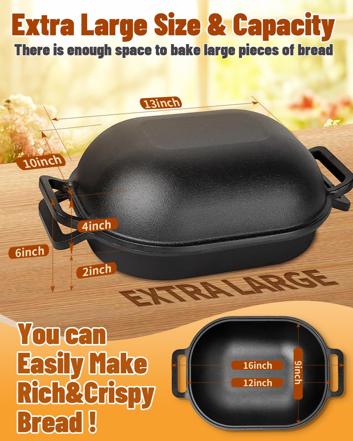 Cloche Loaf Dutch Oven, Pre-Seasoned, 7.4QT, 15 LBS Heavy Duty, Non-Stick, Large Bread Loaf Pan, Oval Cast Iron Bread Pan With Lid, Cloche Homemade Loaf Pan, Sourdough Artisan Bread Baking Pan