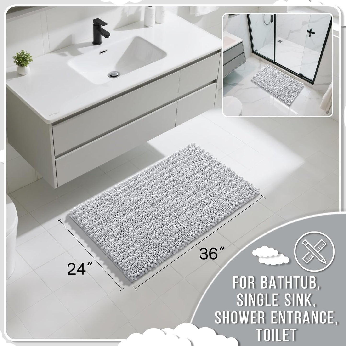 Yimobra Large Bathroom Rugs Non Slip Washable 36x24 Inch - Ultra Soft Absorbent Chenille Bath Mat, Quick Dry Shaggy Floor Carpet for Tub Shower, Silver Home Decor Accessories