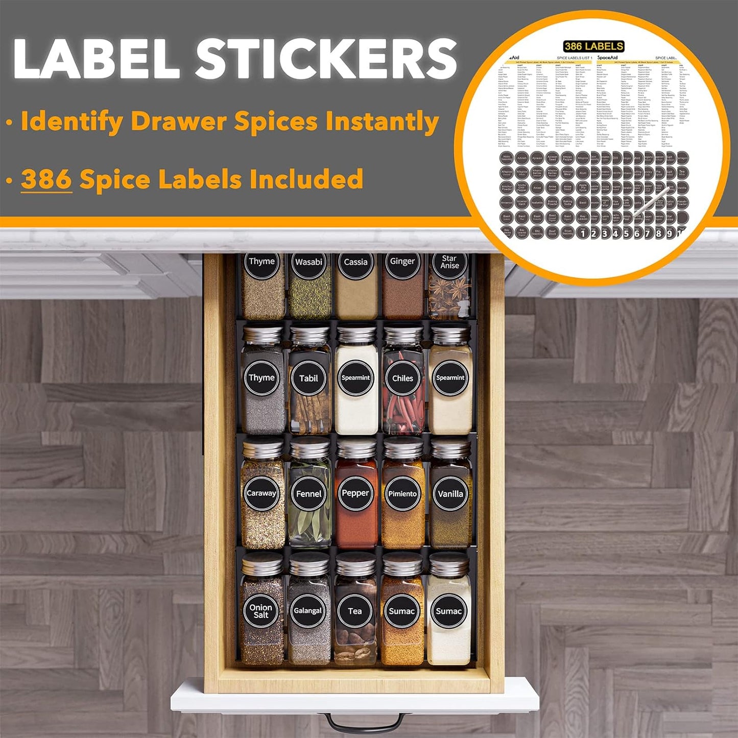 SpaceAid Spice Drawer Organizer with 20 Spice Jars, 386 Spice Labels, 4 Tier Seasoning Rack Tray Insert for Kitchen Drawers, 9-1/2" Wide x 17-1/2" Deep