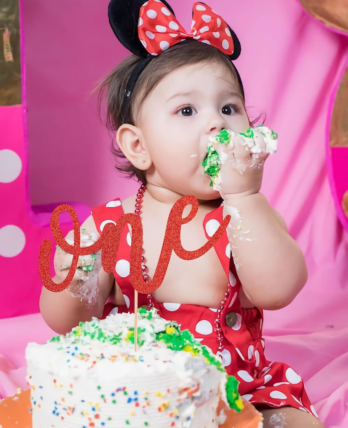 First Birthday Cake Topper - Red Glitter One Cake Decorating Supplies for Girls and Boys, Perfect for Baby Shower/Gender Revealing Party/Baby Party Photo Booth Props