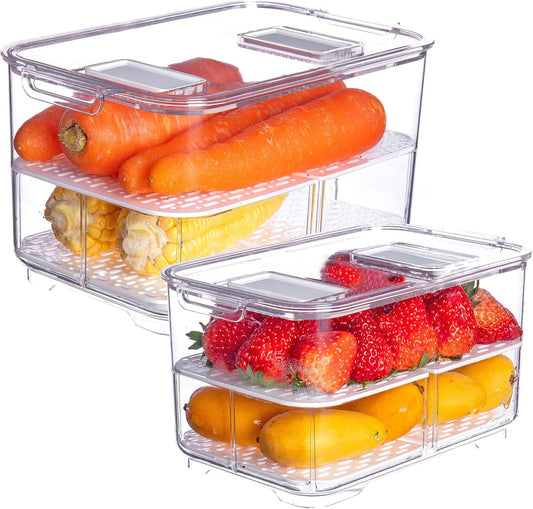 vacane Produce Saver with Lids, 2 Piece Fruit Vegetable Storage Container with Vents Stackable Fridge Drawers Organizer Salad Lettuce Keeper For Refrigerator,Bpa-free Fresh Keeper,5.7L&2.8L