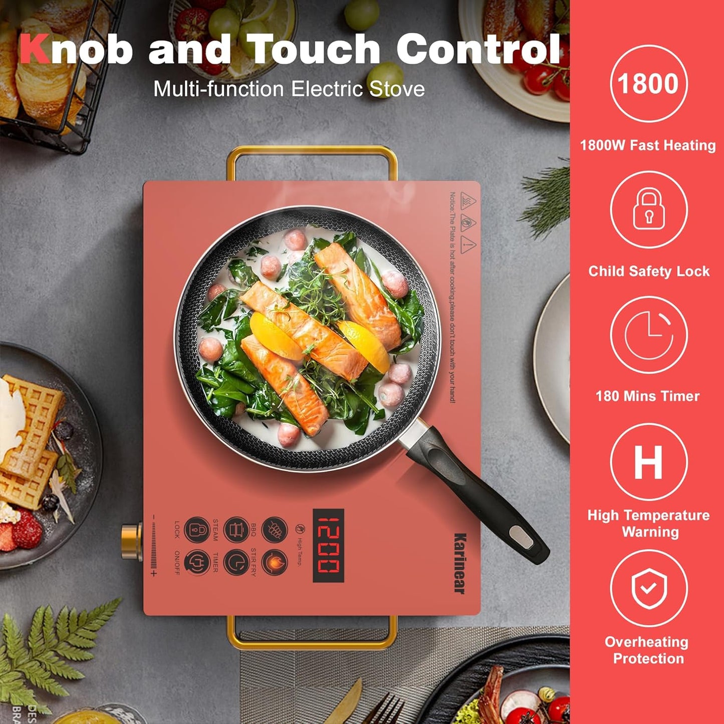 Karinear Portable Electric Stove 110V, 1800W Electric Hot Plate with Handle, Knob Control Single Burner Electri Cooktop, Ceramic Infrared Countertop Burner, Timer, Safety Lock(Pink)